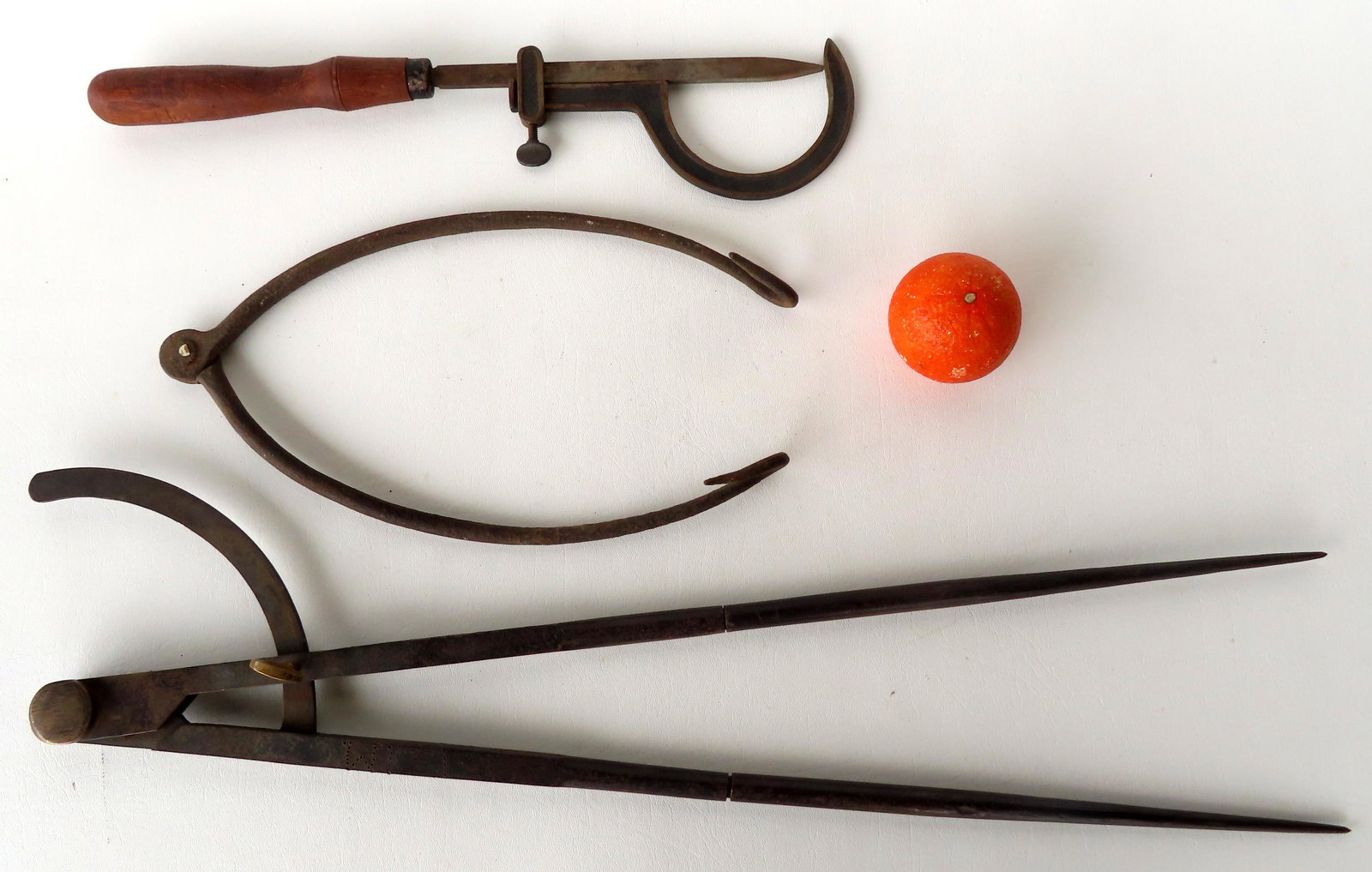 Three pieces of early iron tools including hand forged iron hanger - 15 3/4"L; an iron splitting (1 of 9)