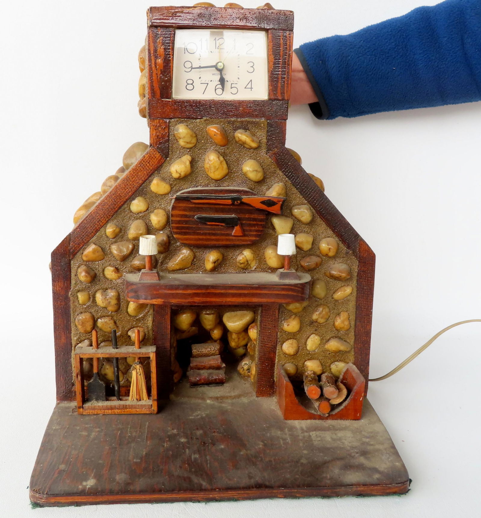 A folk art hand made fireplace unit with stone inserts, miniature fireplace tool, mounted wood (1 of 10)