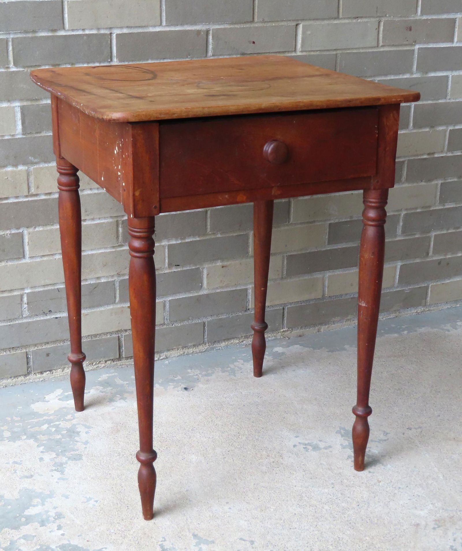 Sheraton 1 drawer stand in cherry, circa 1820. Some staining on top and other minor use wear, (1 of 6)