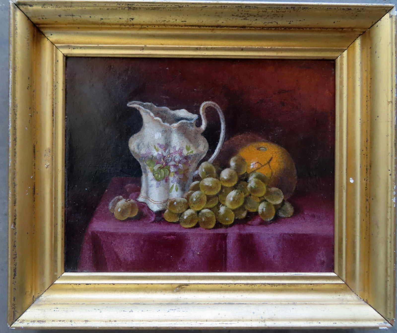 O/C Still life of pitcher, orange, and grapes on table, late 19th century, housed in a 19th century (1 of 3)