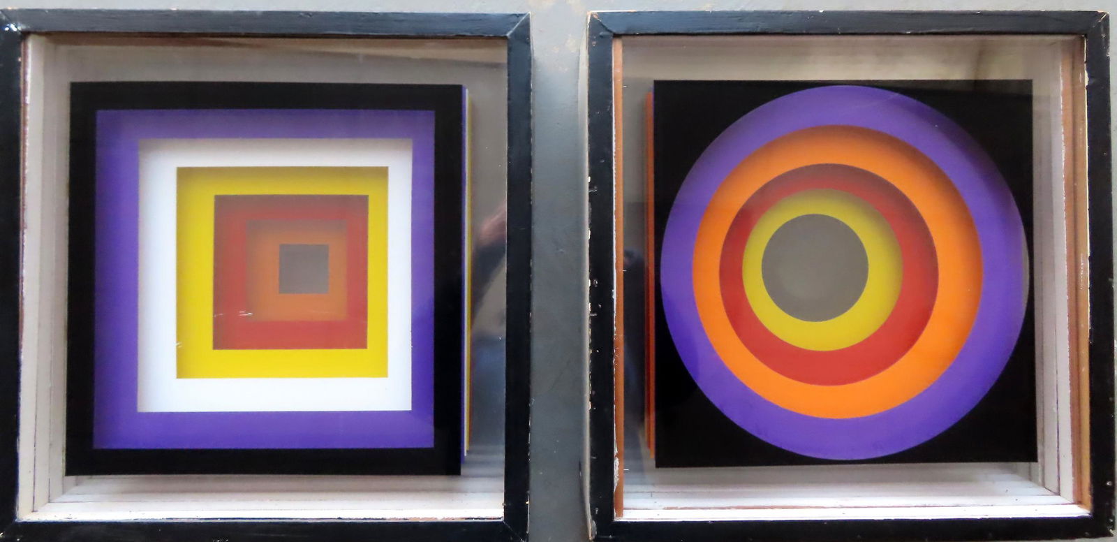 A pair of colorful geometric shadow boxes, one circles, the other squares, circa 1960. Each box (1 of 12)