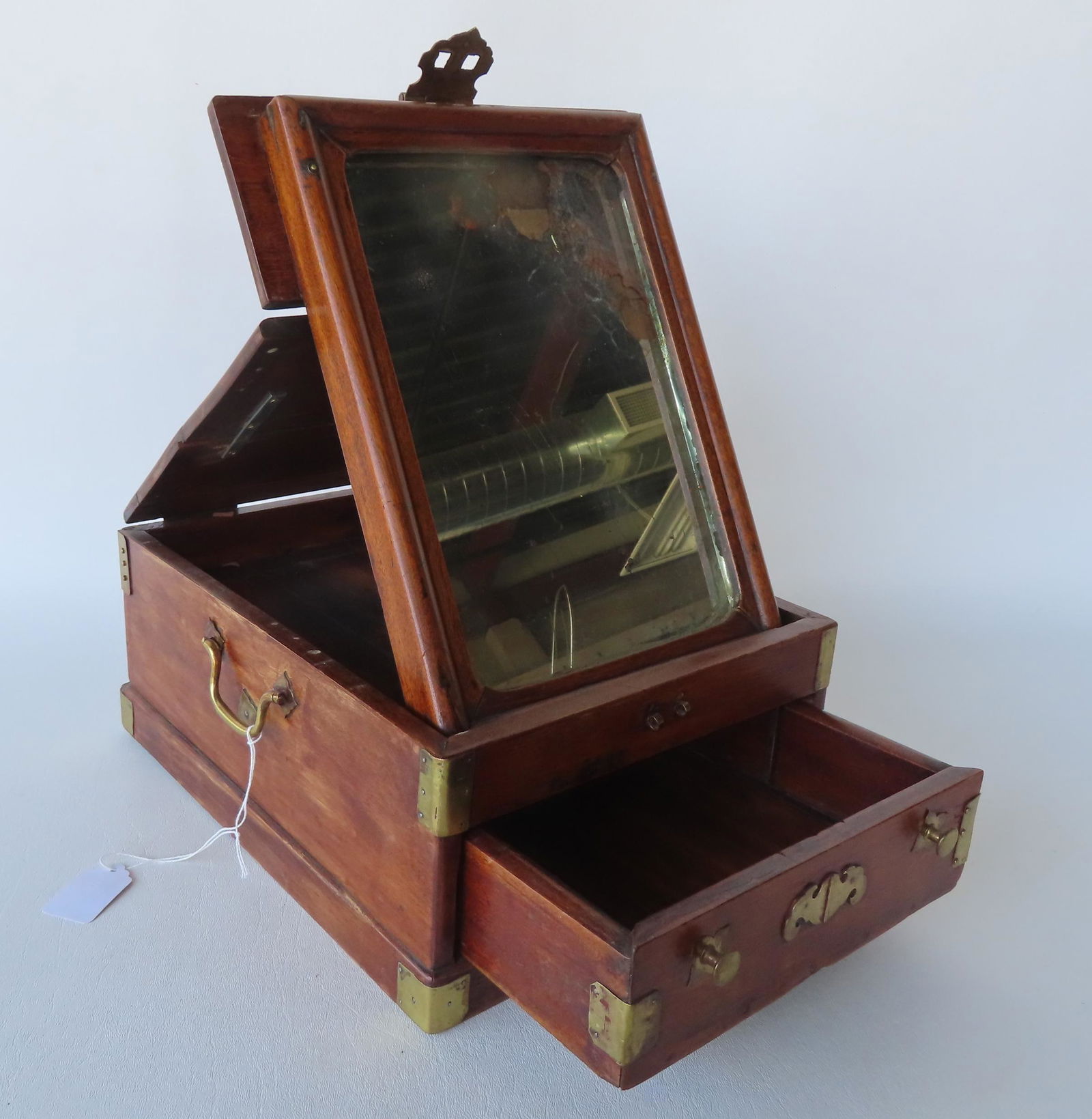 A traveling lady's vanity box with interior mirror and lower drawer, brass fitting throughout, (1 of 5)