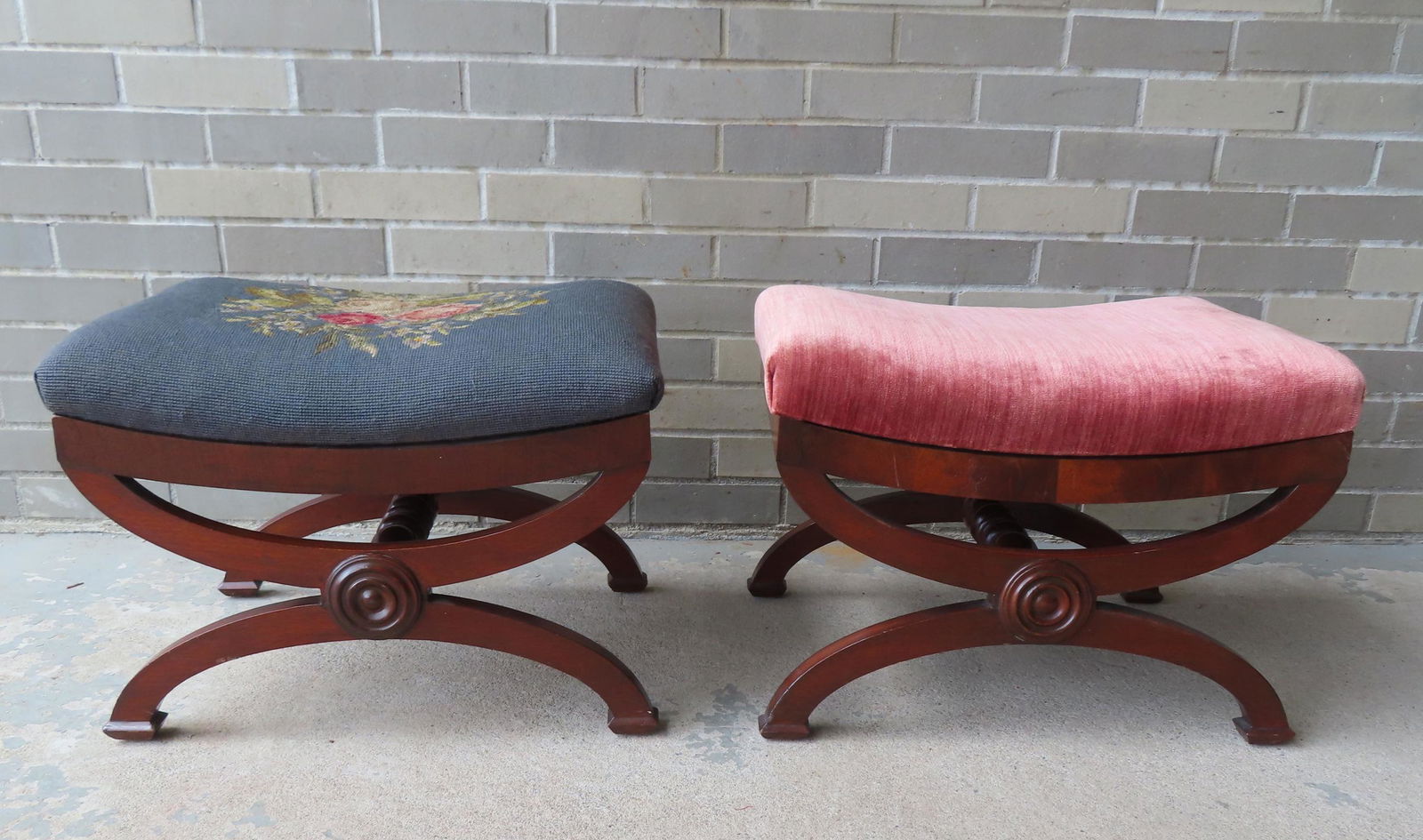 A pair of matching regency style stools with curved needlepoint seat, late 19th century. Both in (1 of 9)