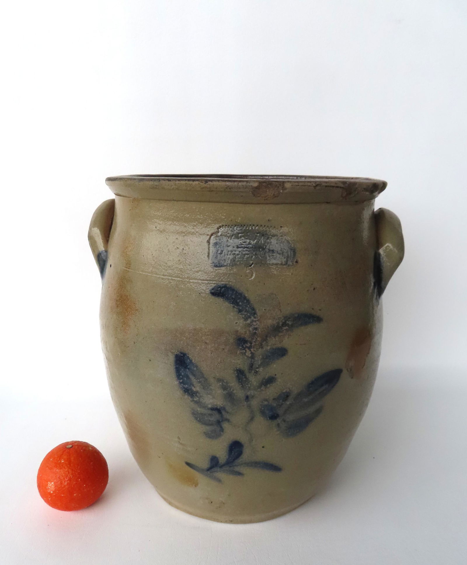 A stoneware crock, slight ovoid shape, withe the impressed mark of "Kelin & Harbaugh" - Beaver PA, (1 of 8)