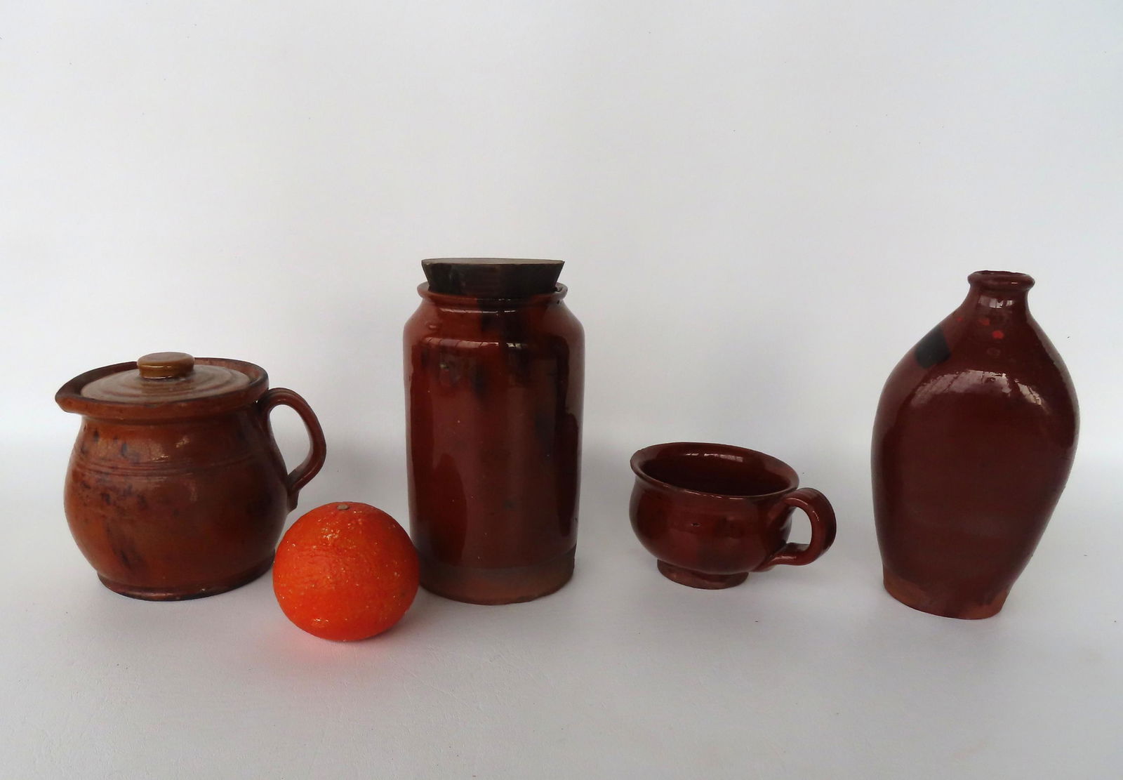 Grouping of 4 pieces of redware pottery, all with manganese splotches, early to  mid 19th century. (1 of 20)
