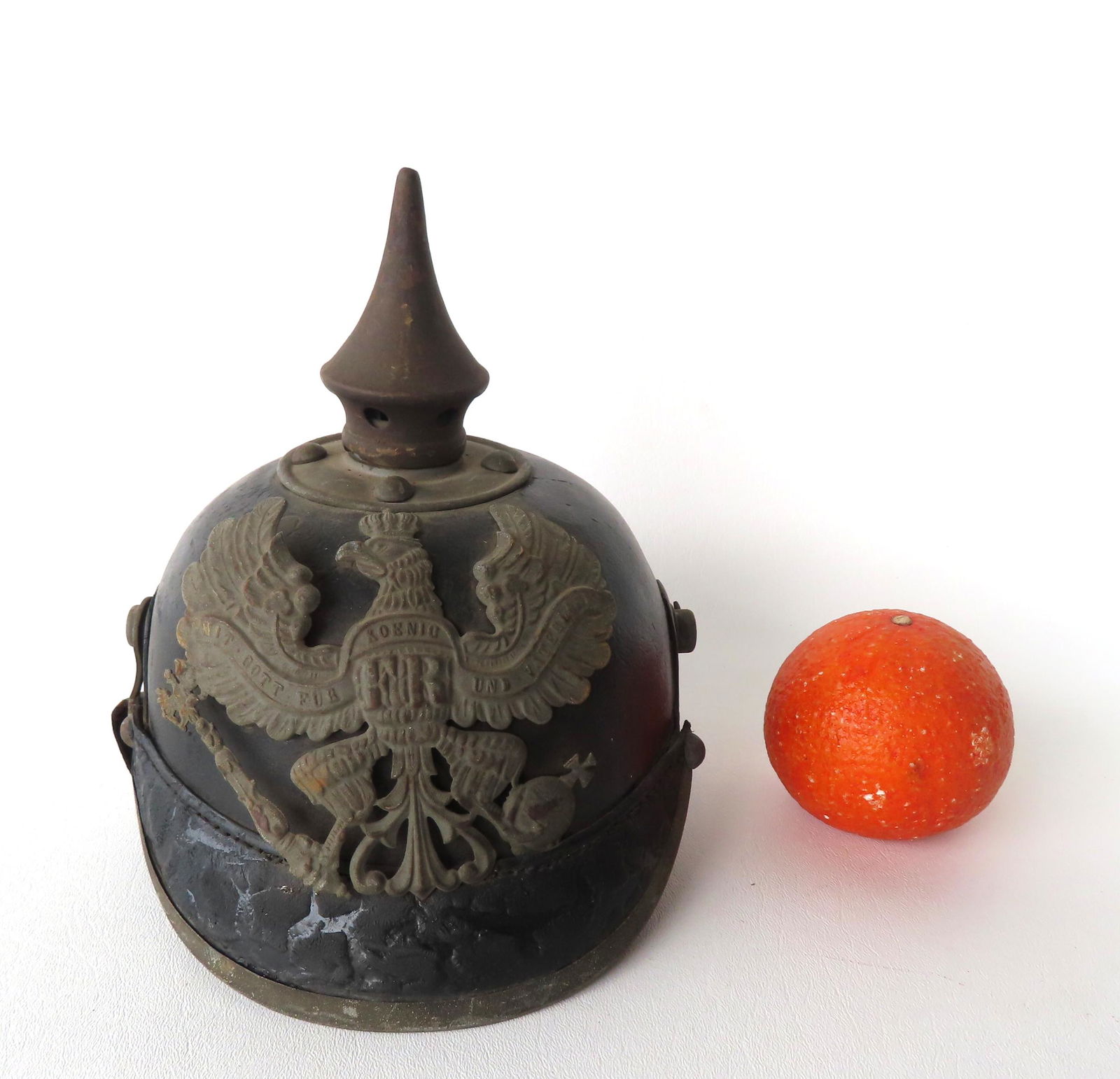 WWI German picklelhaube helmet, early 20th century. Condition: Crazing to leather, leather interior (1 of 5)