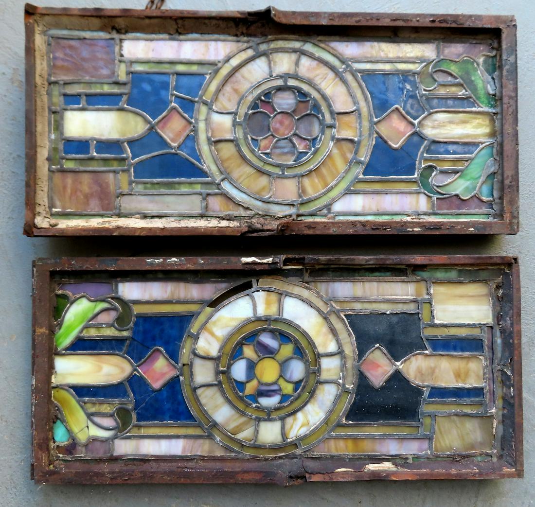 Two high quality stained and leaded glass window with cast iron frames, 19th century. Each measures (1 of 8)