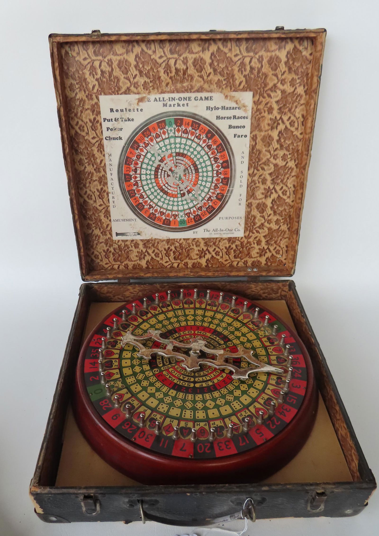 A vintage "All-In-One" gambling gaming wheel in original leather case, made by the "All-In-One Co." (1 of 10)