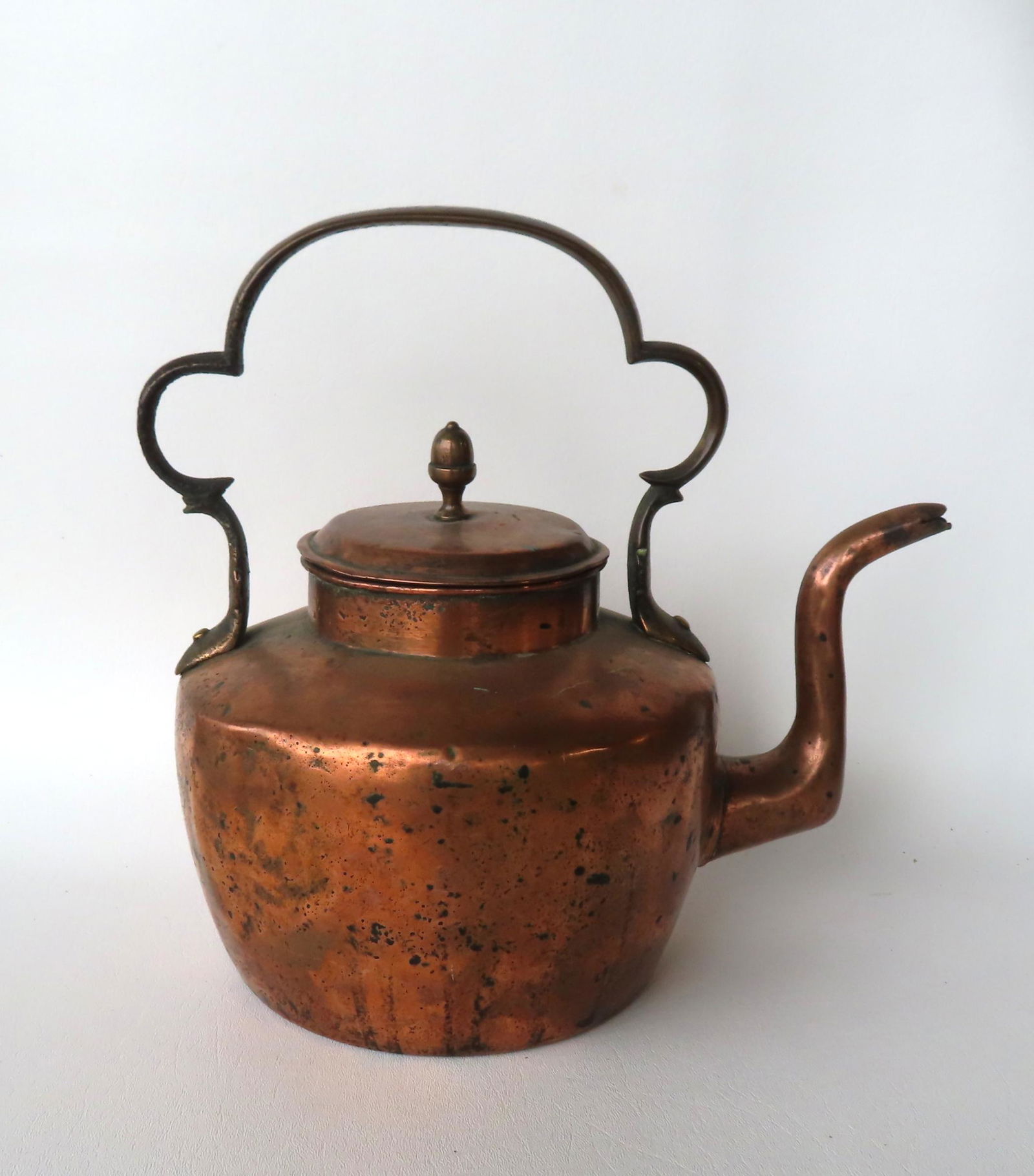 An early copper goose neck tea kettle with shaped handle, acorn finial and dovetailed base, signed (1 of 6)