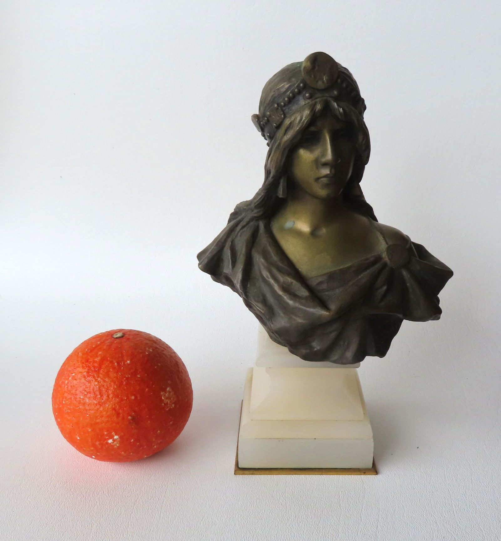 Emmanuel Villanis, French 1858-1914. Bronze bust of classical lady wearing headpiece and signed (1 of 7)