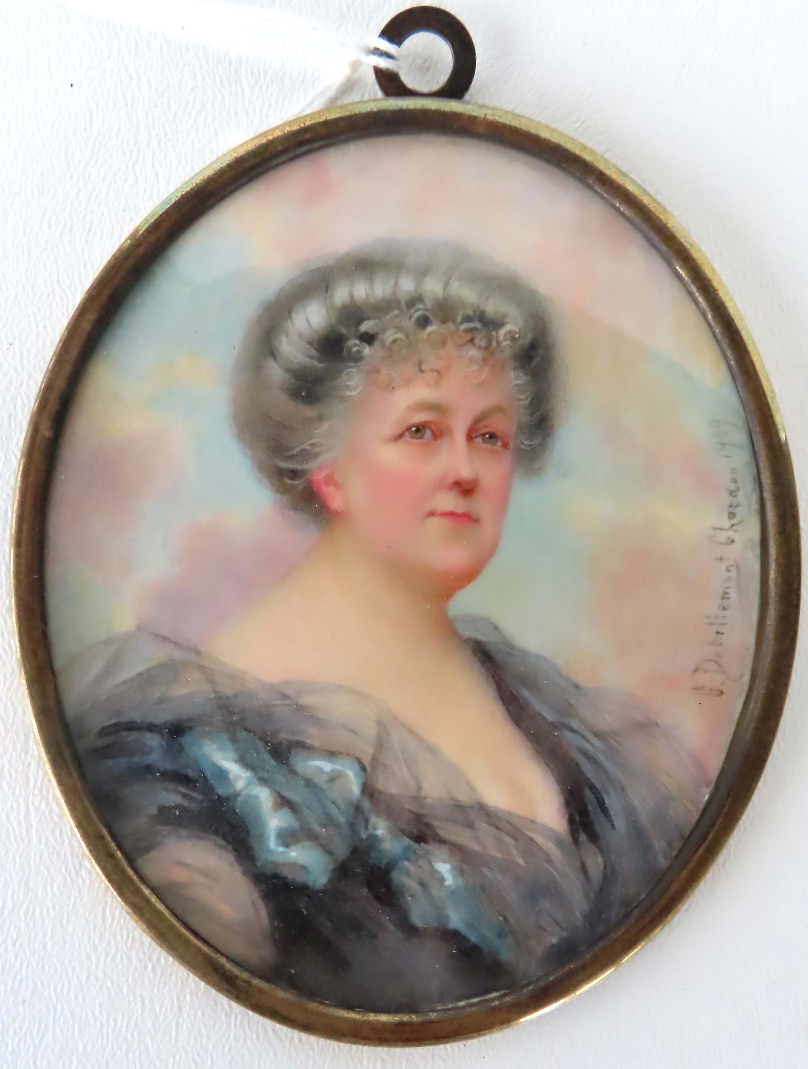 Gabrielle Debillemont-Chardon (1860 - 1957) was active/lived in France. Miniature oil portrait of an (1 of 3)