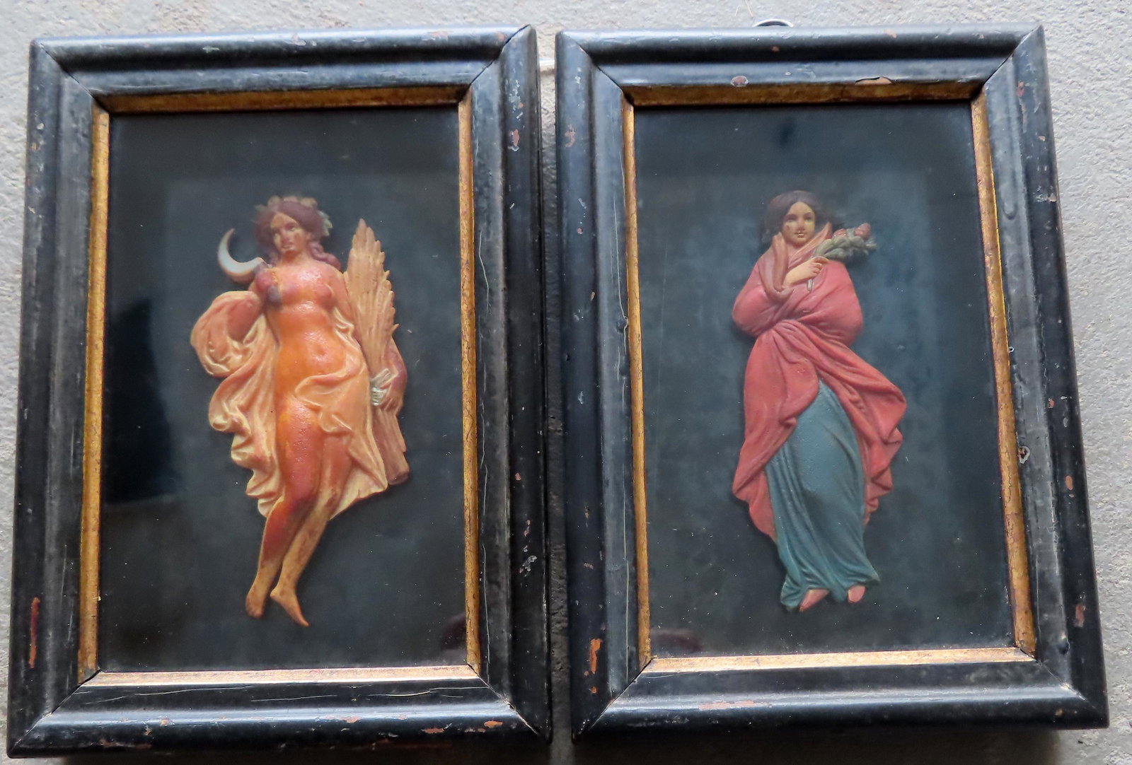 Two small framed wax or terra cotta sculptures of Roman mythology figures mounted in original shadow: Two small framed wax or terra cotta sculptures of Roman mythology figures mounted in original shadow box frames with gold insets, early 19th century. The first of a nude lady, probably Ceres, goddess 