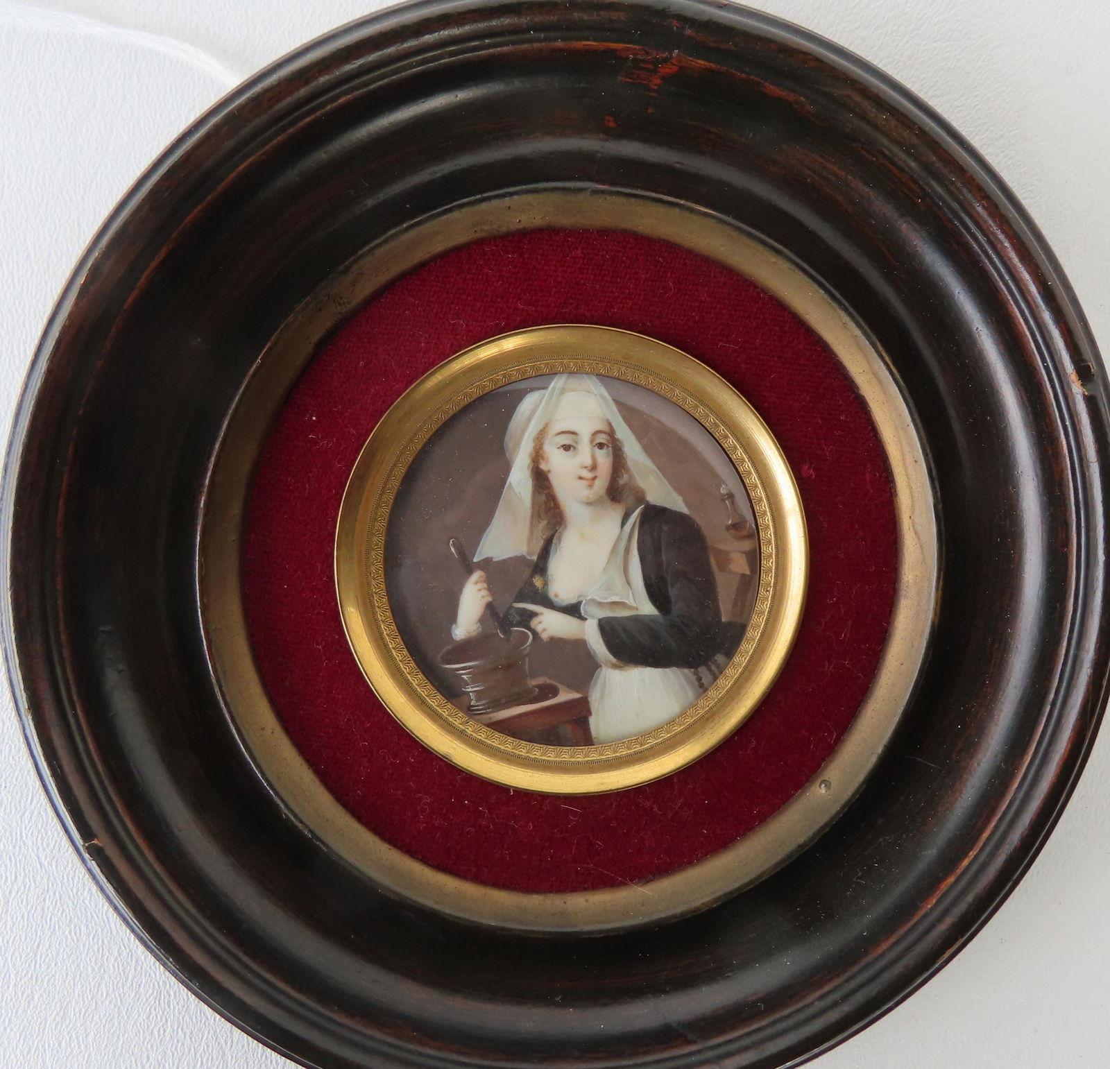 A miniature oil portrait of a nun with mortar and pestle,  probably 17th/18th century Renaissance (1 of 3)