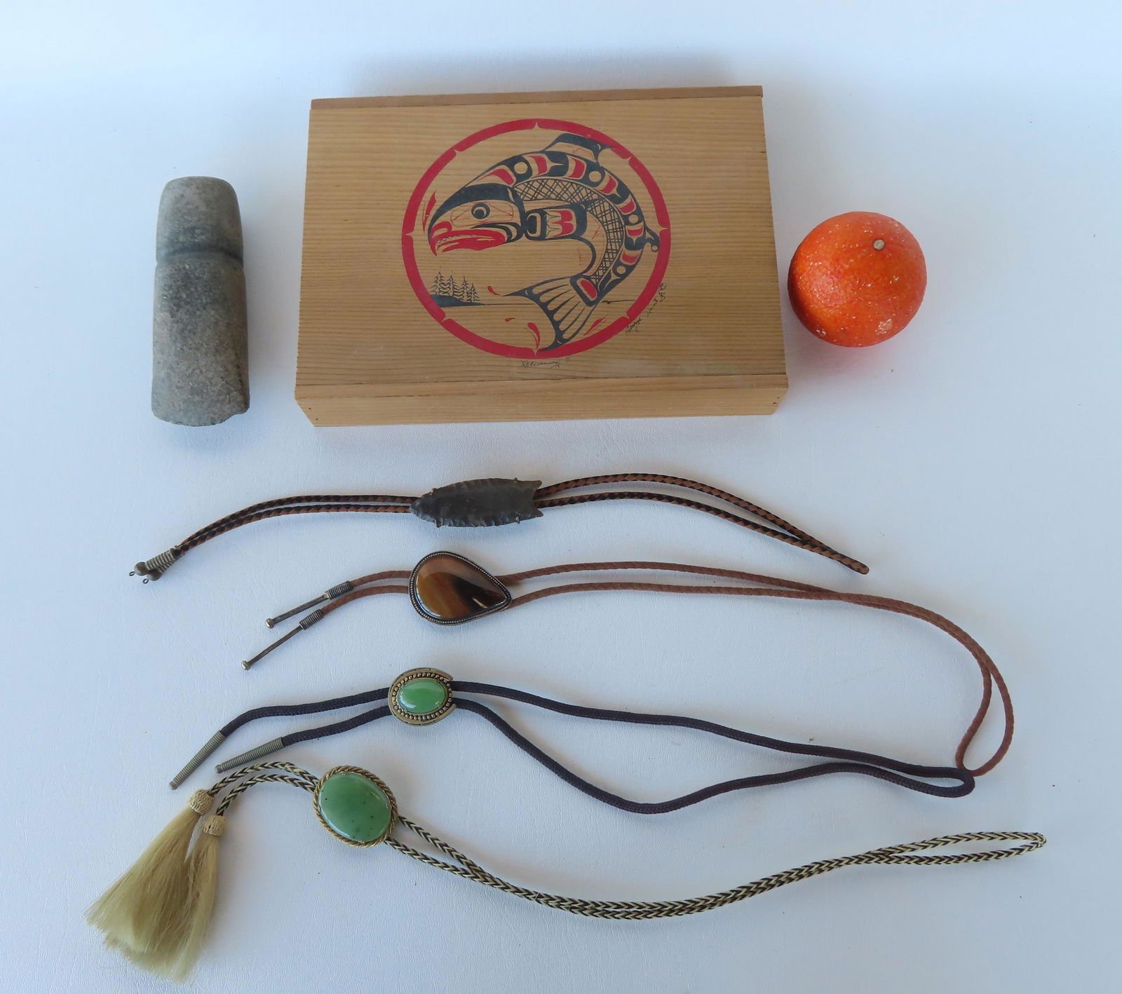 A grouping of Native American collectibles including: 4 Native American hand made bolo ties, 3 with (1 of 5)