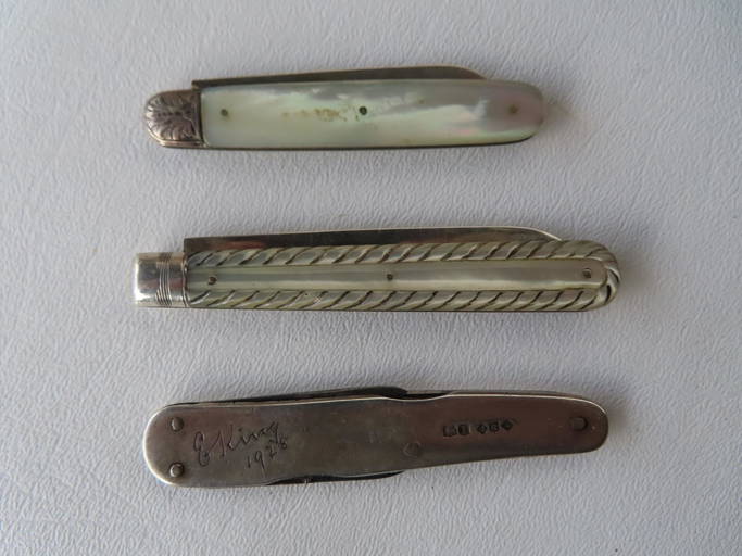 Three Sterling Silver Pocket Knives Including 2 With Mother Of Pearl