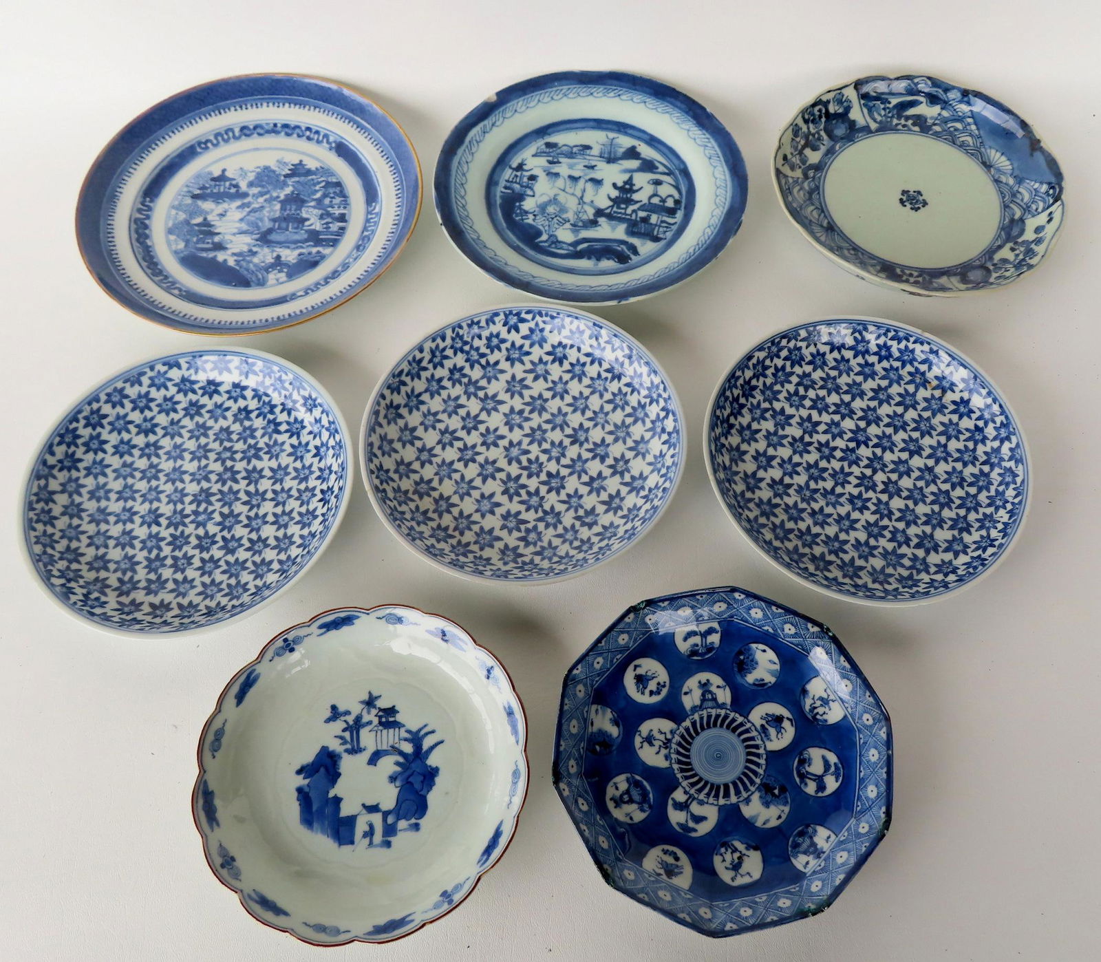 Grouping of 8 Chinese export blue &  plates, 18th through early 20th century. Canton plate with gold (1 of 9)