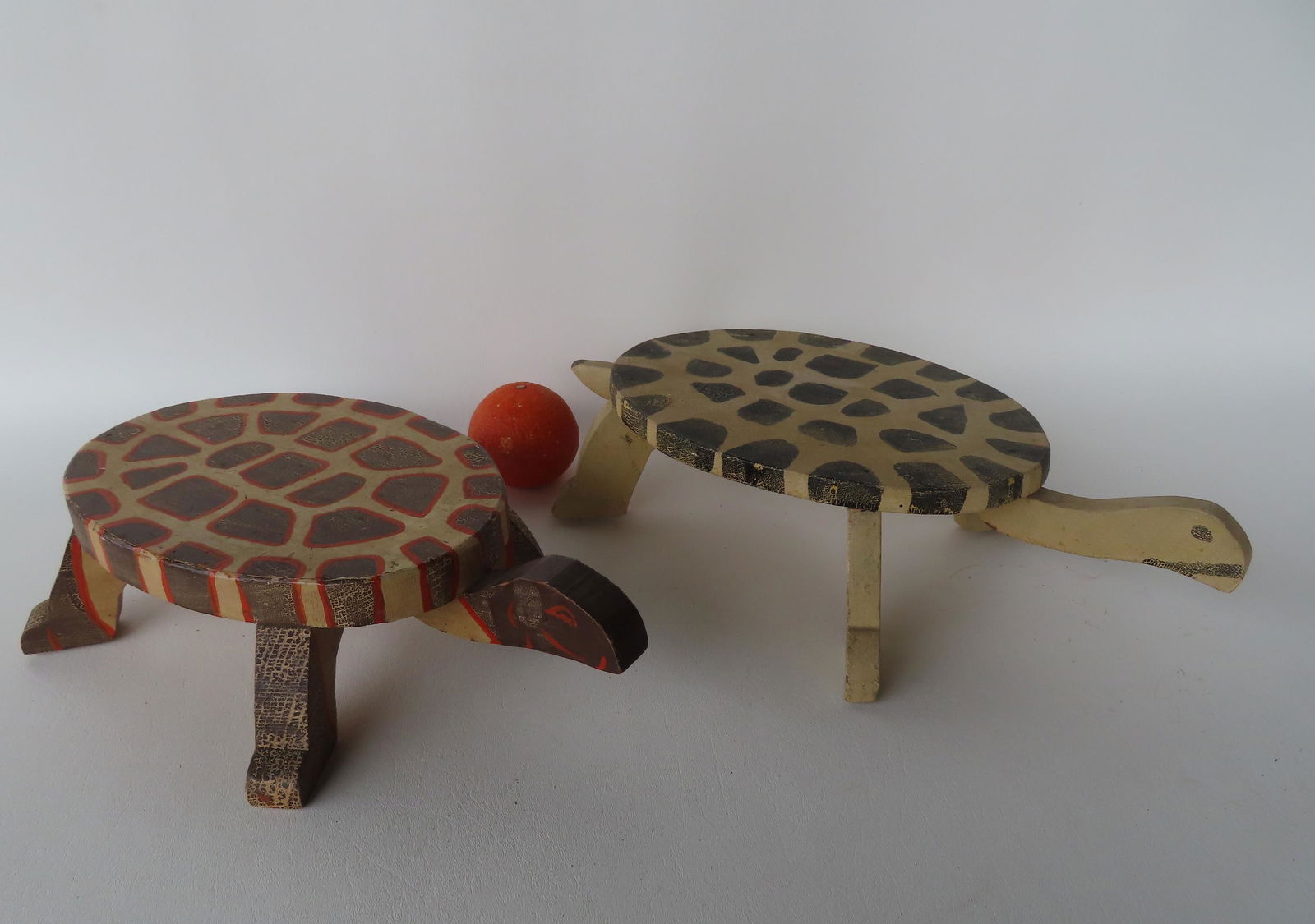 Two folk art turtle form foot stools, all hand made in original paint, probably early to mid 20th (1 of 5)