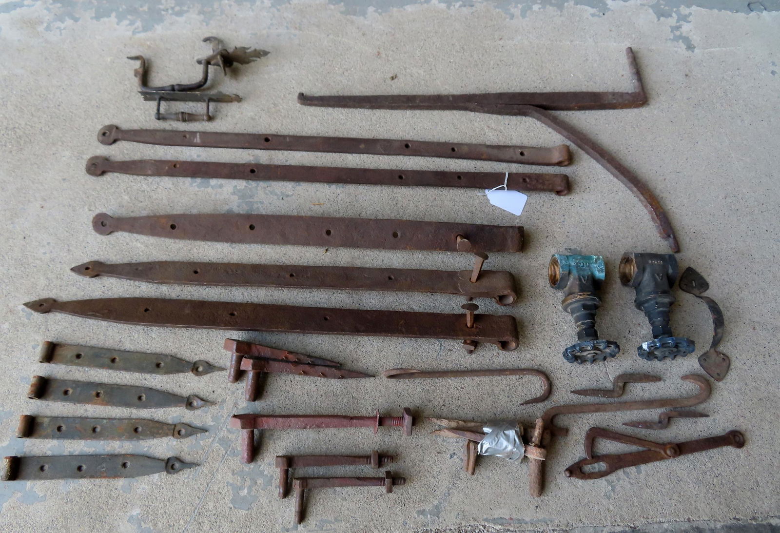 Grouping of old hardware including: A pair of hand forged iron hinges 18th/19th century - 32 3/4" (1 of 8)
