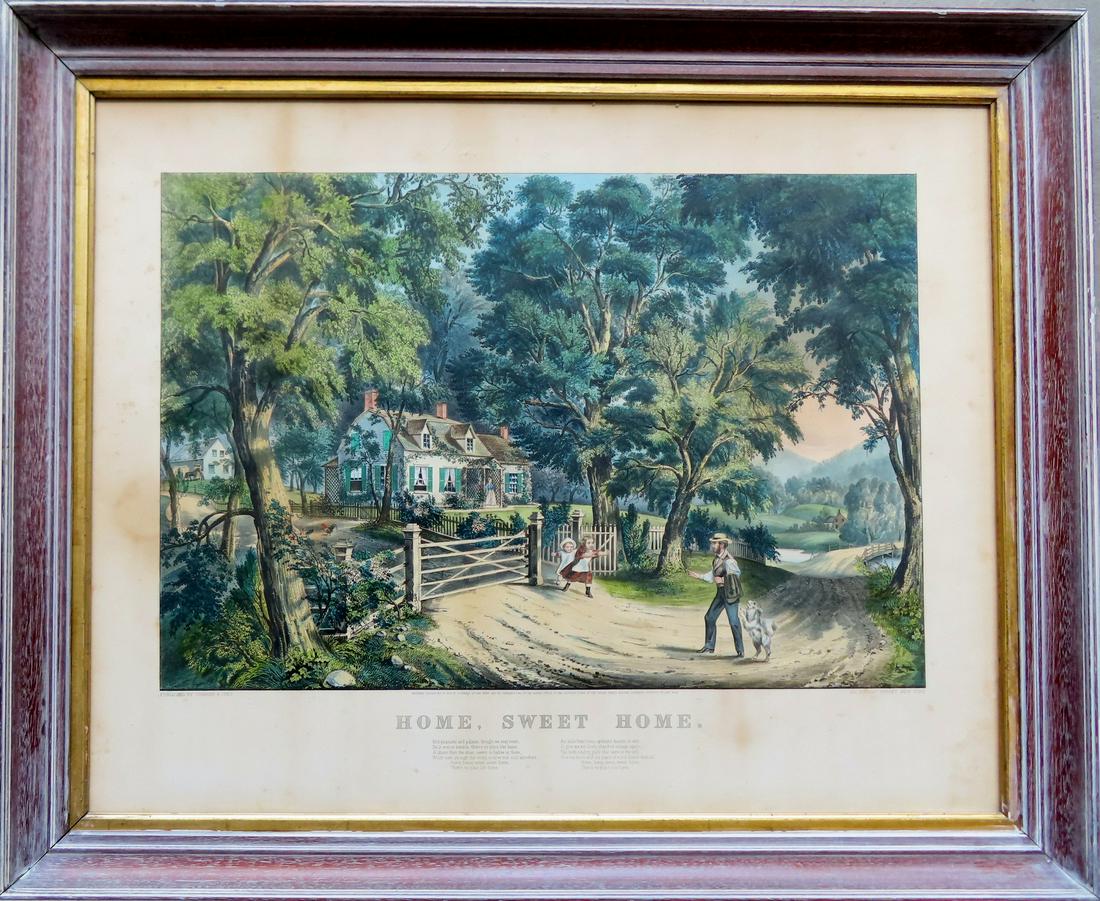 A Currier & Ives large folio hand colored lithograph entitled "Home, Sweet Home", published in 1869. (1 of 8)