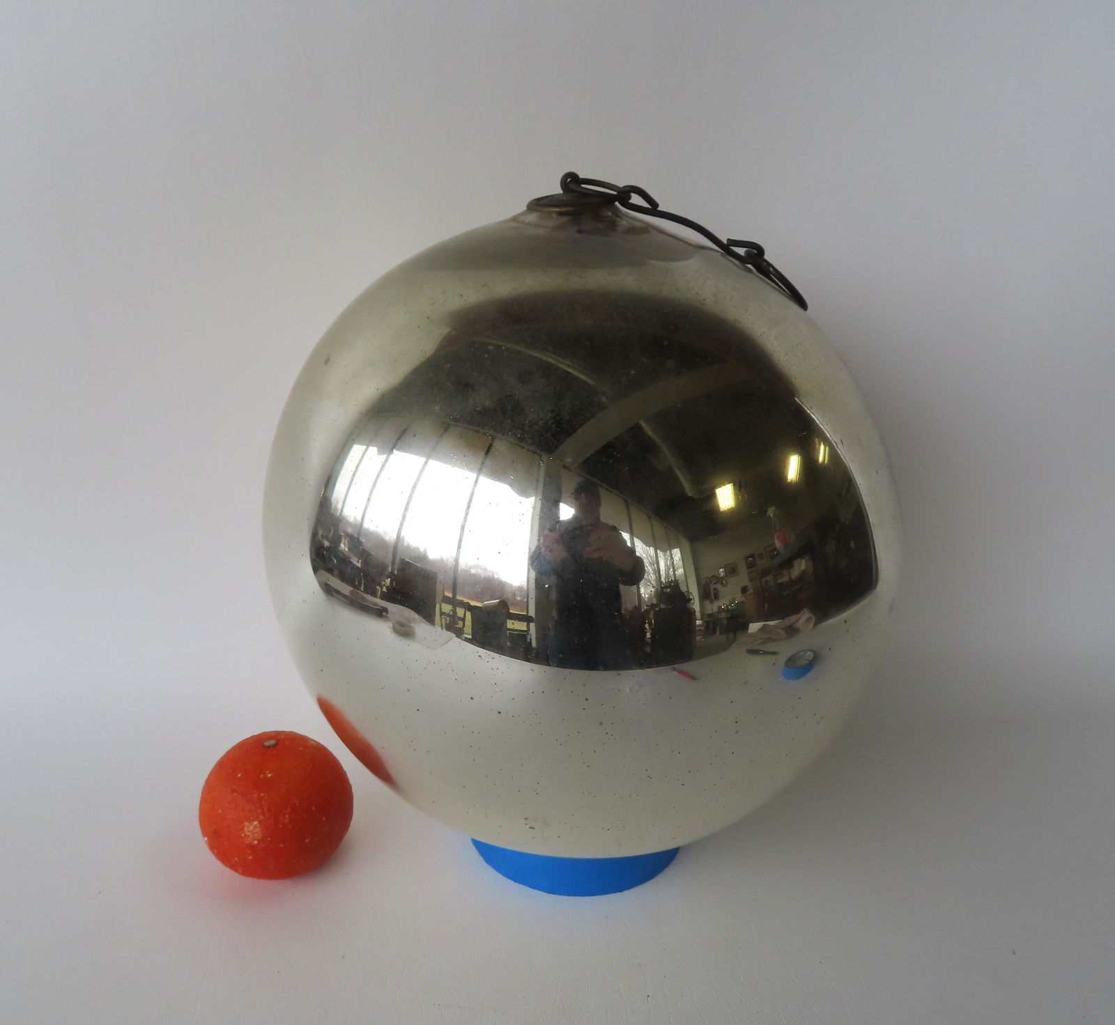 A large silver kugel in mercury glass,  mid to late 19th century, 12" diameter. Slight loss in (1 of 6)