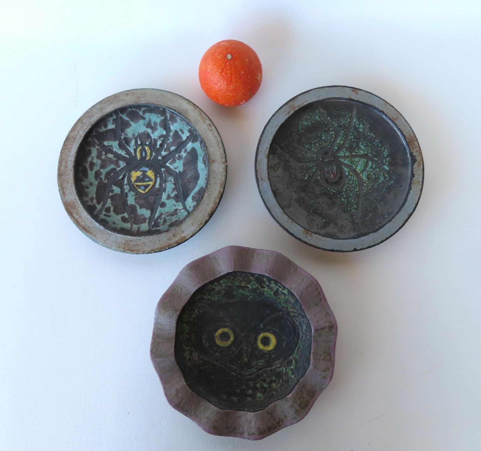 Walter Addison, New York, 1914-1982. Grouping of 3 shallow circular plates, all hand painted, 2 (1 of 6)