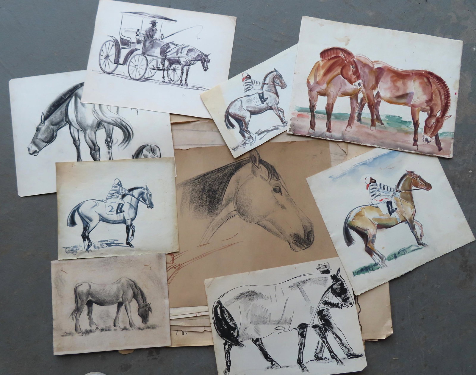 Walter Addison, New York, 1914-1982. Grouping of 25 pages of mostly charcoal and watercolor sketches: Walter Addison, New York, 1914-1982. Grouping of 25 pages of mostly charcoal and watercolor sketches of horses, including race horses with jockey. Some have drawings on both sides of the pages, only o