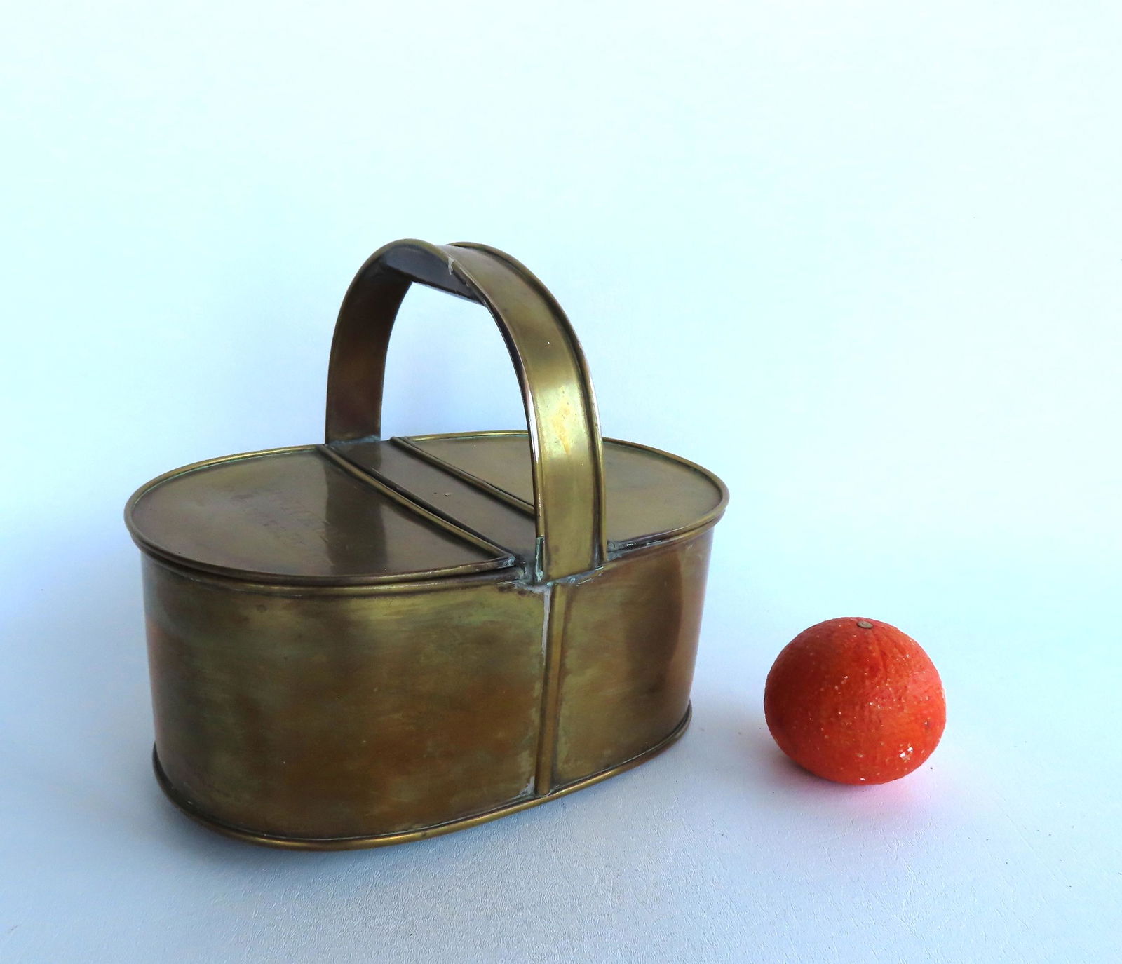 An English copper pot with looped handle and 2 zinc lined storage compartments under hinged lids, (1 of 4)