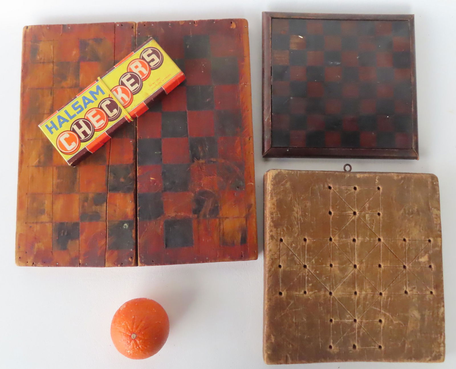 Three small hand made 19th century game boards. 1) Checkerboard with squares in original black paint (1 of 6)