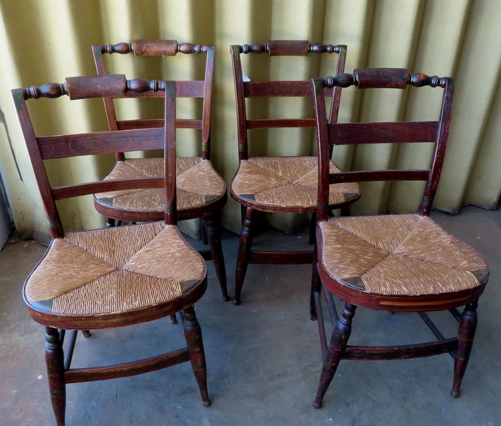 A set of 4 Sheraton grain painted chairs with hand painted and stenciled backs decorated with fruit (1 of 8)