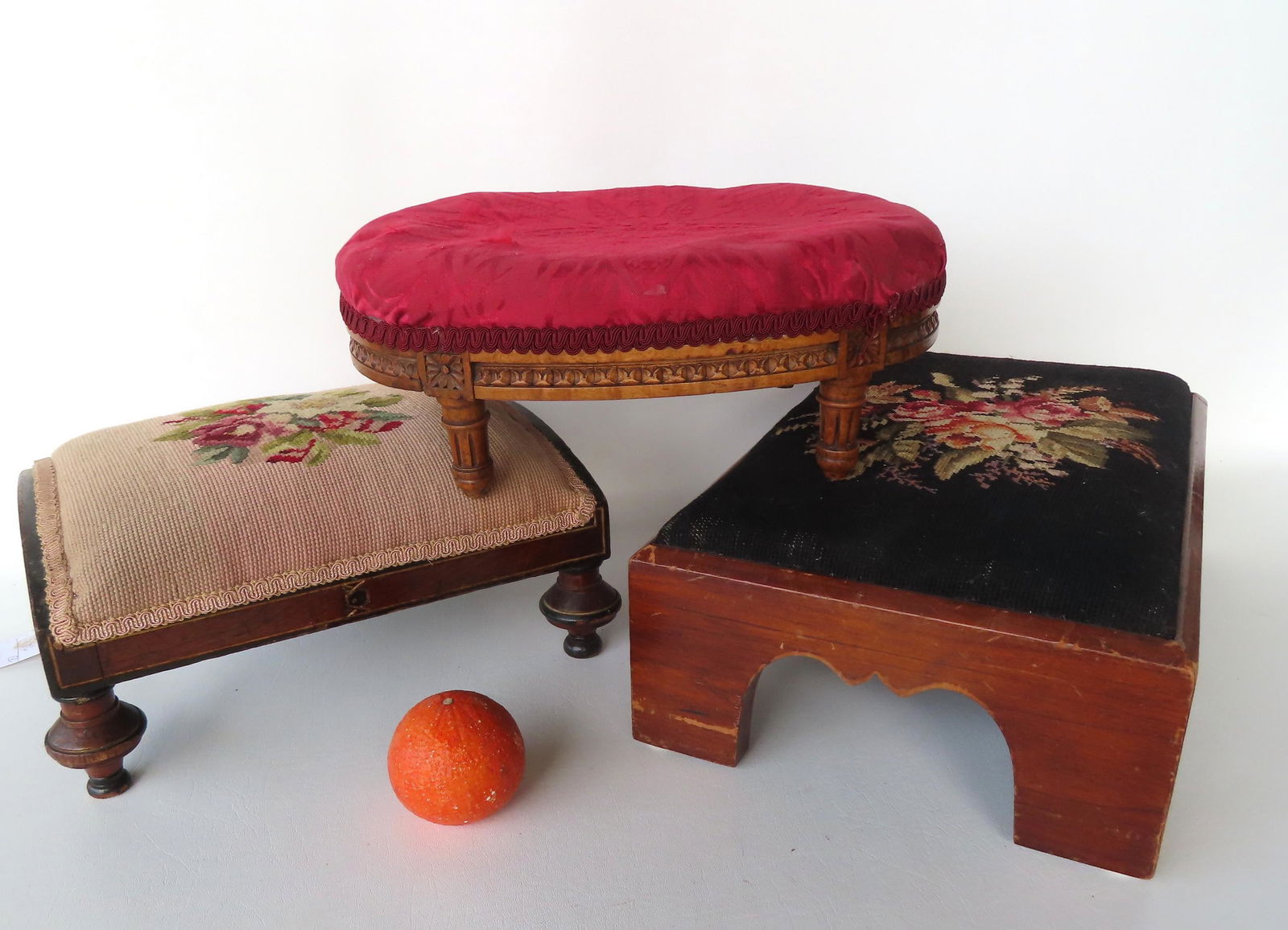 Three 19th century foot stools with textile tops, one in the Empire style circa 1850 with (1 of 10)