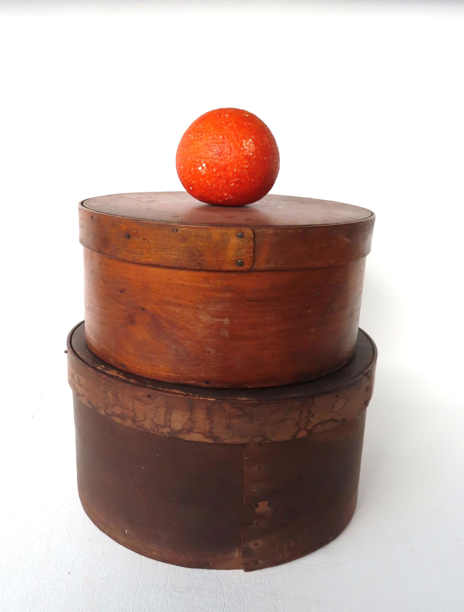 Two pantry boxes in old varnish finish, both in good condition. The largest measures 10" diameter x (1 of 5)