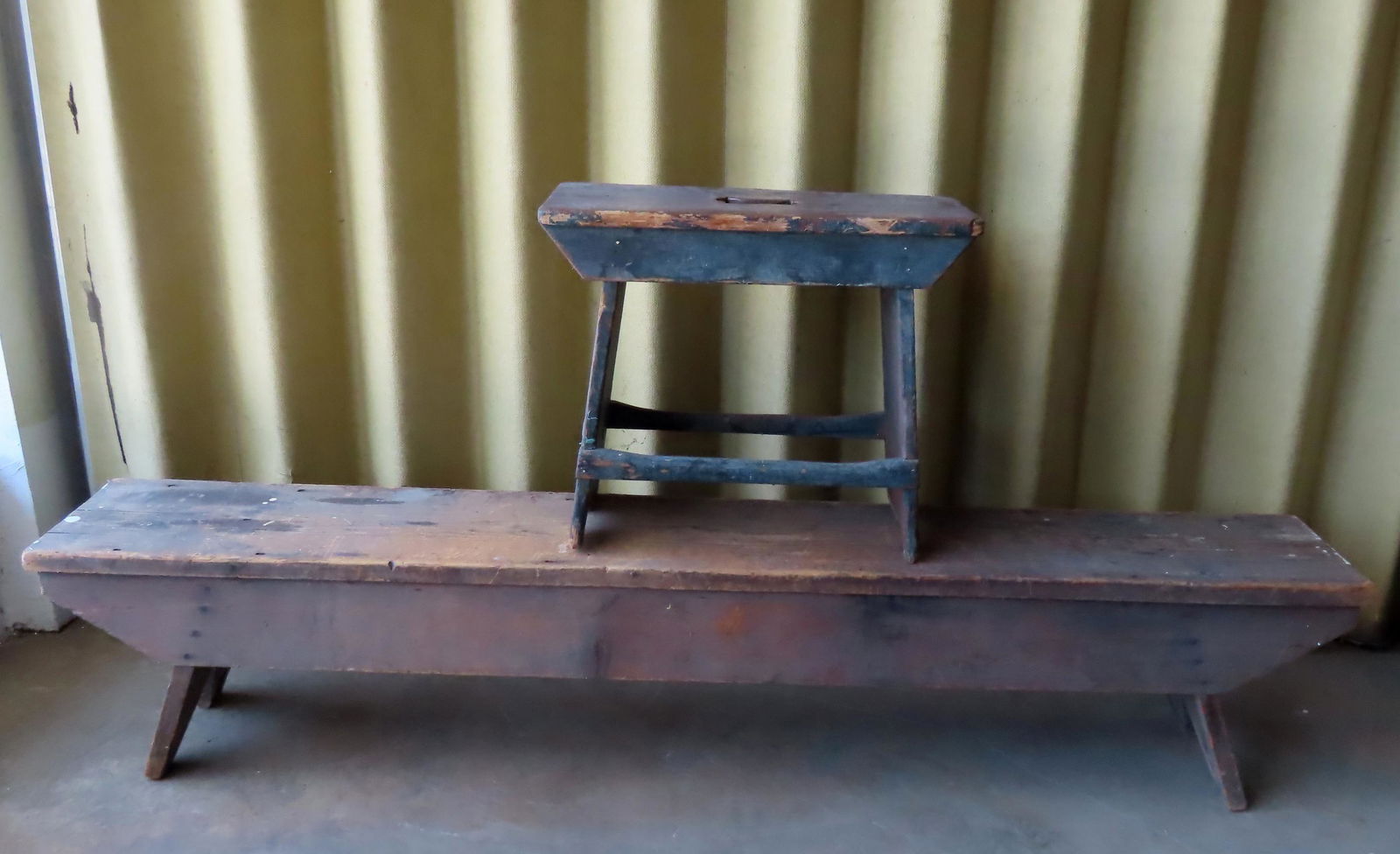 A primitive bench and stool. The stool, 18th century, with cutout in center of top for carrying, (1 of 12)