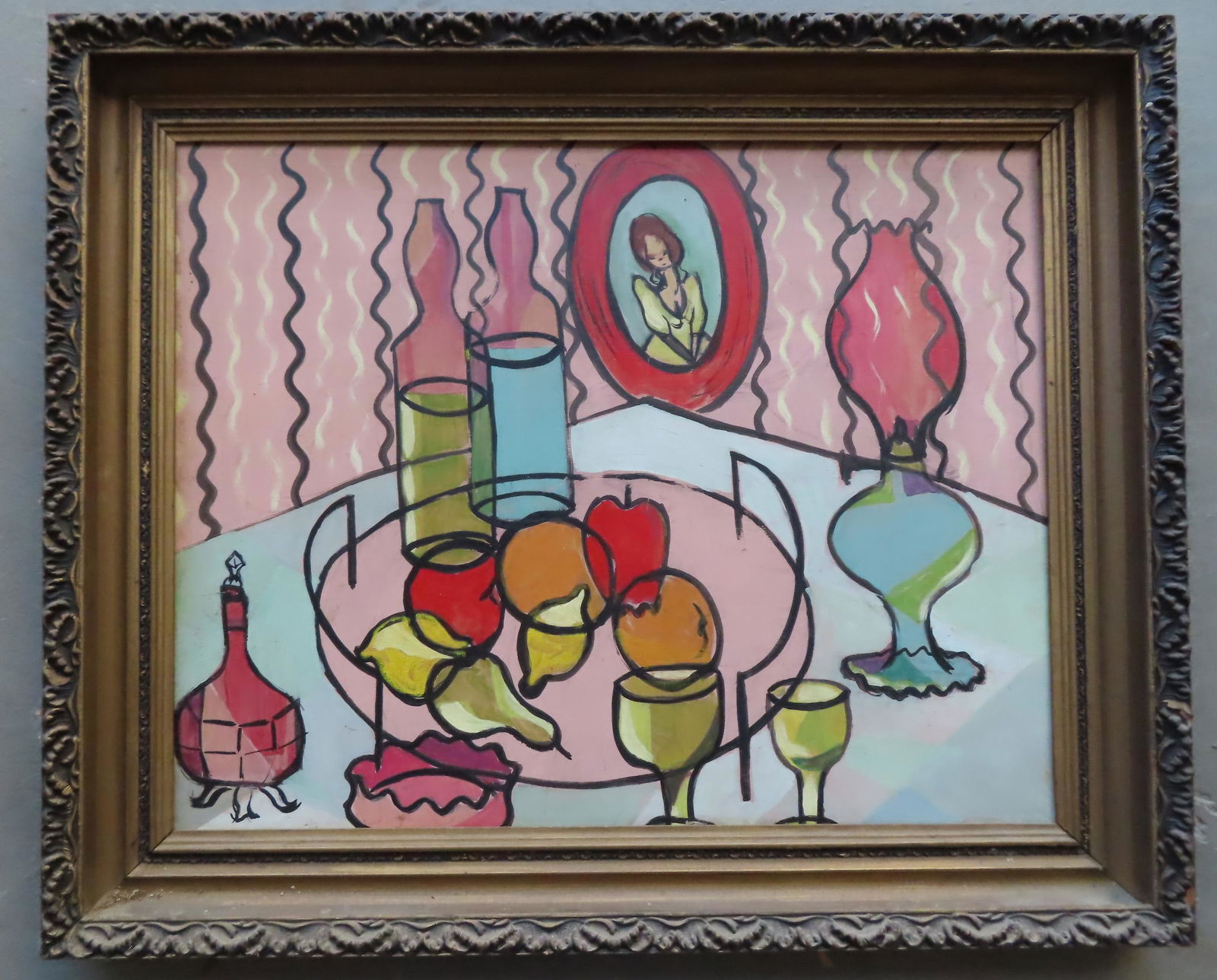 O/B Large modern art painting of fruit and lamp on table, mid 20th century, good condition. Measures (1 of 3)