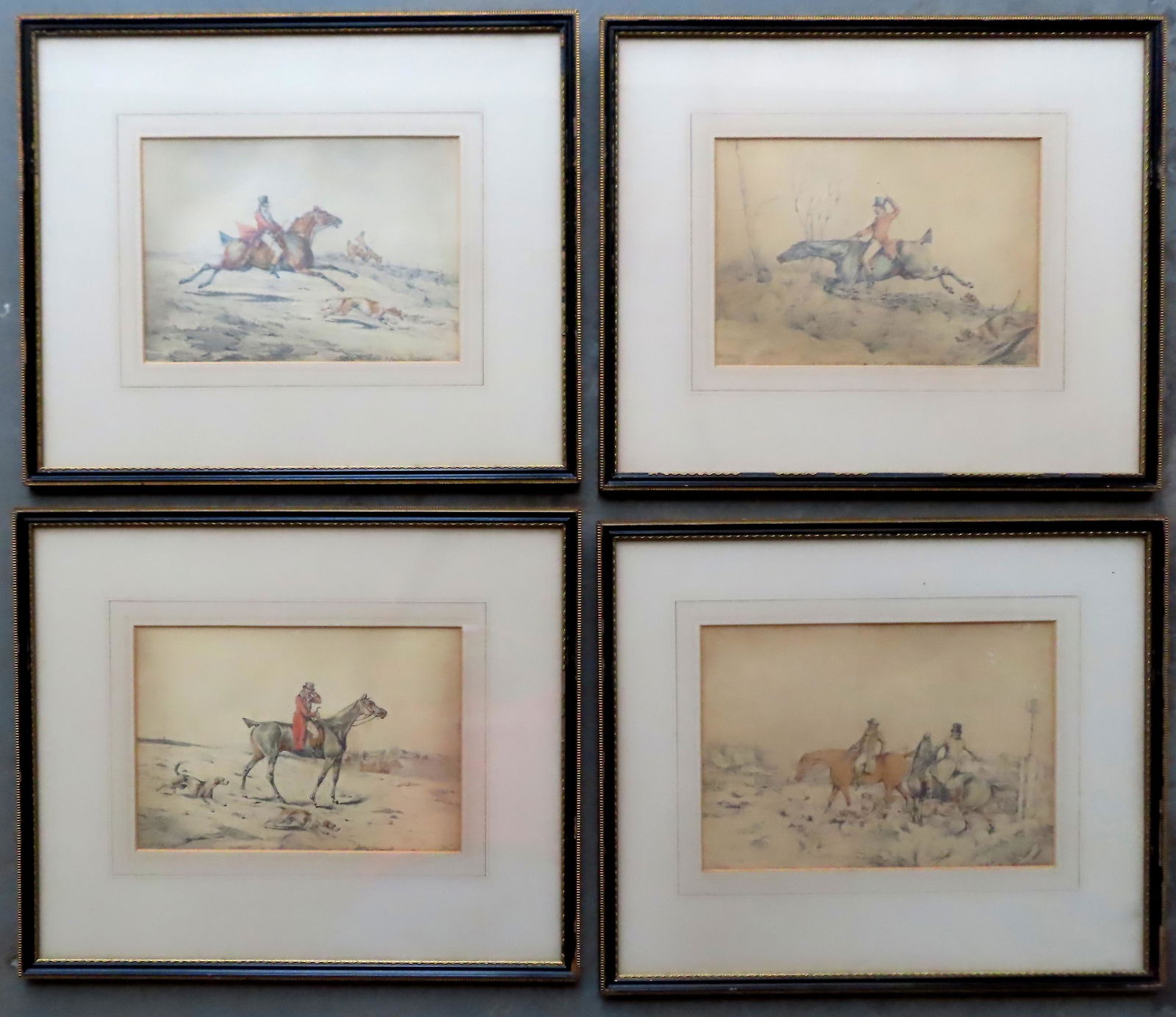 A grouping of 4 hand colored horse hunt prints, 19th century, professionally framed and matted. All (1 of 11)