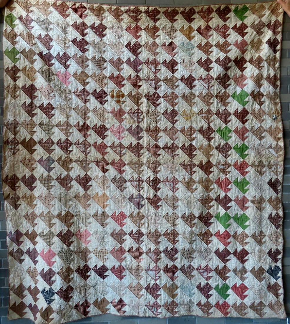 A patchwork quilt, T-Block pattern, all hand sewn, 19th century, 81" x 89". Most patches in good (1 of 9)