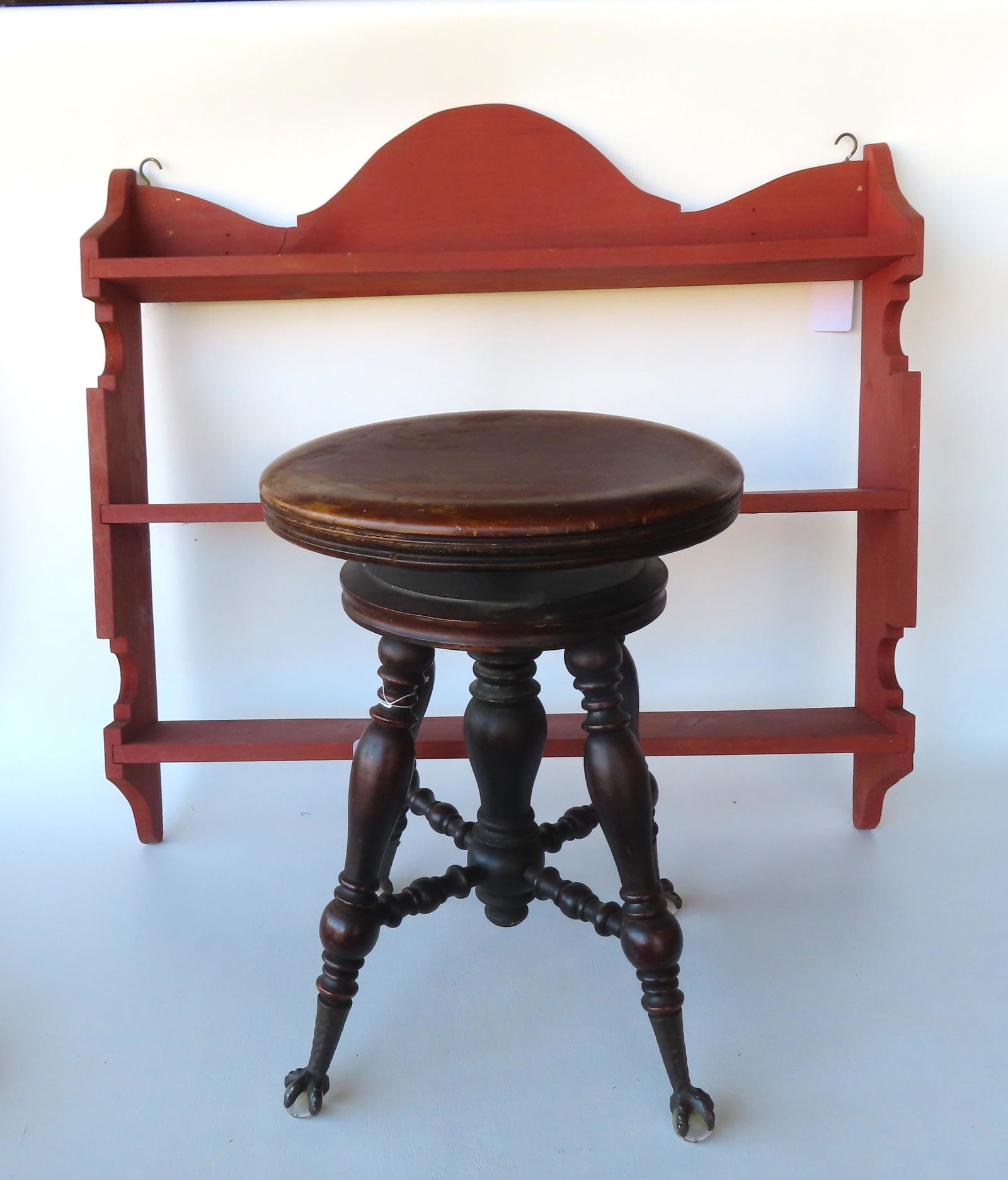 Two small pieces of vintage furniture. The first, a 3 tier wall shelf with shaped crest and sides, (1 of 7)
