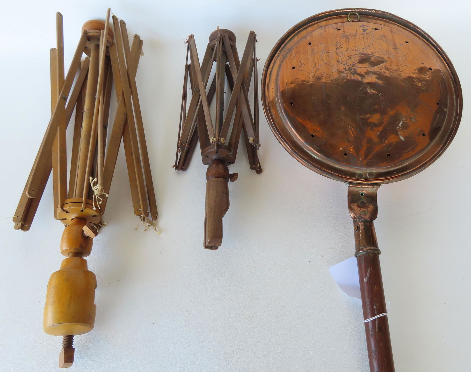 Three country collectibles including: Brass bed warmer having an engraved lid decorated with a (1 of 14)