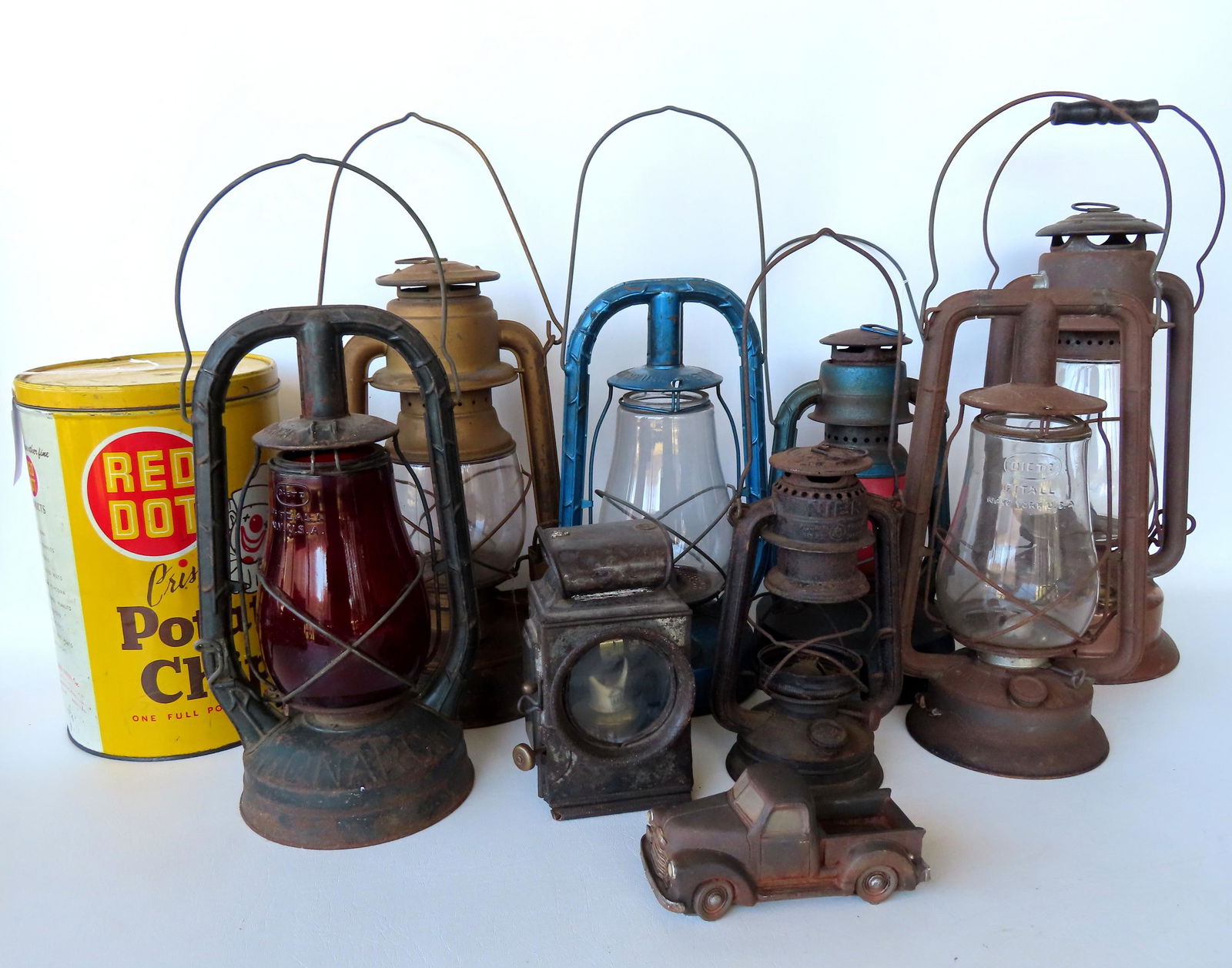 Grouping of country items including 8 barn lanterns, a "Red Dot" potato chips tin, and a newer (1 of 14)