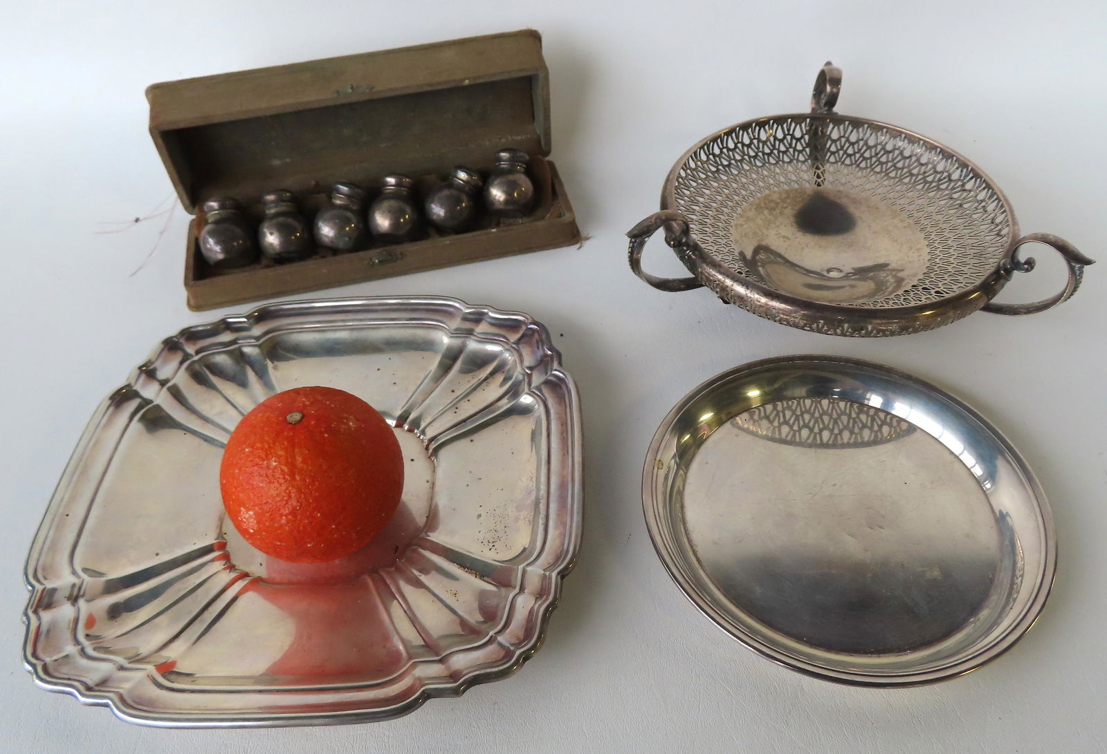 Grouping of sterling silver including: Boxed set of 6 salt shakers - several with dings but overall (1 of 6)