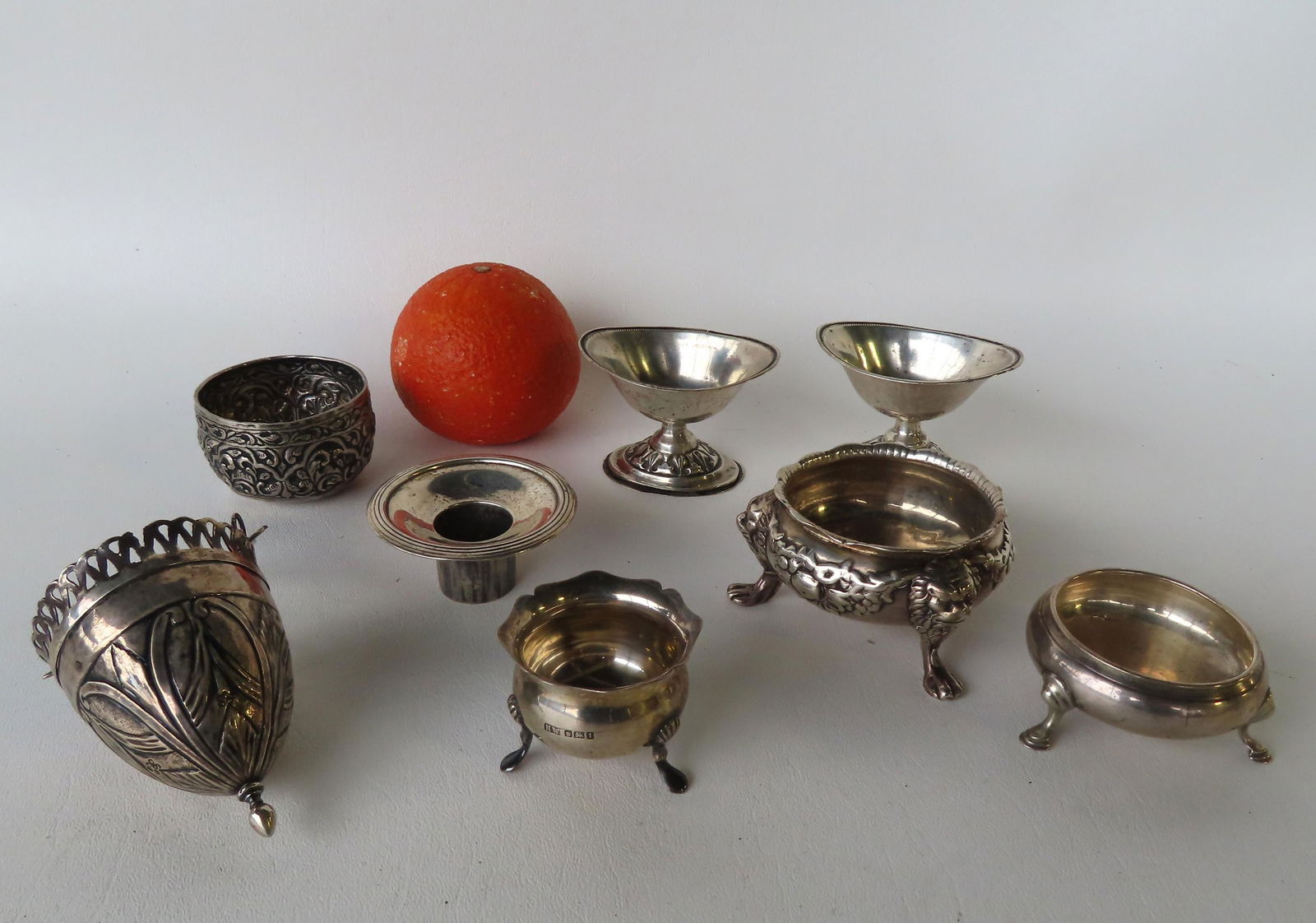Grouping of 8 small silver accessories, most appear to be coin or sterling, 19th century including: (1 of 14)