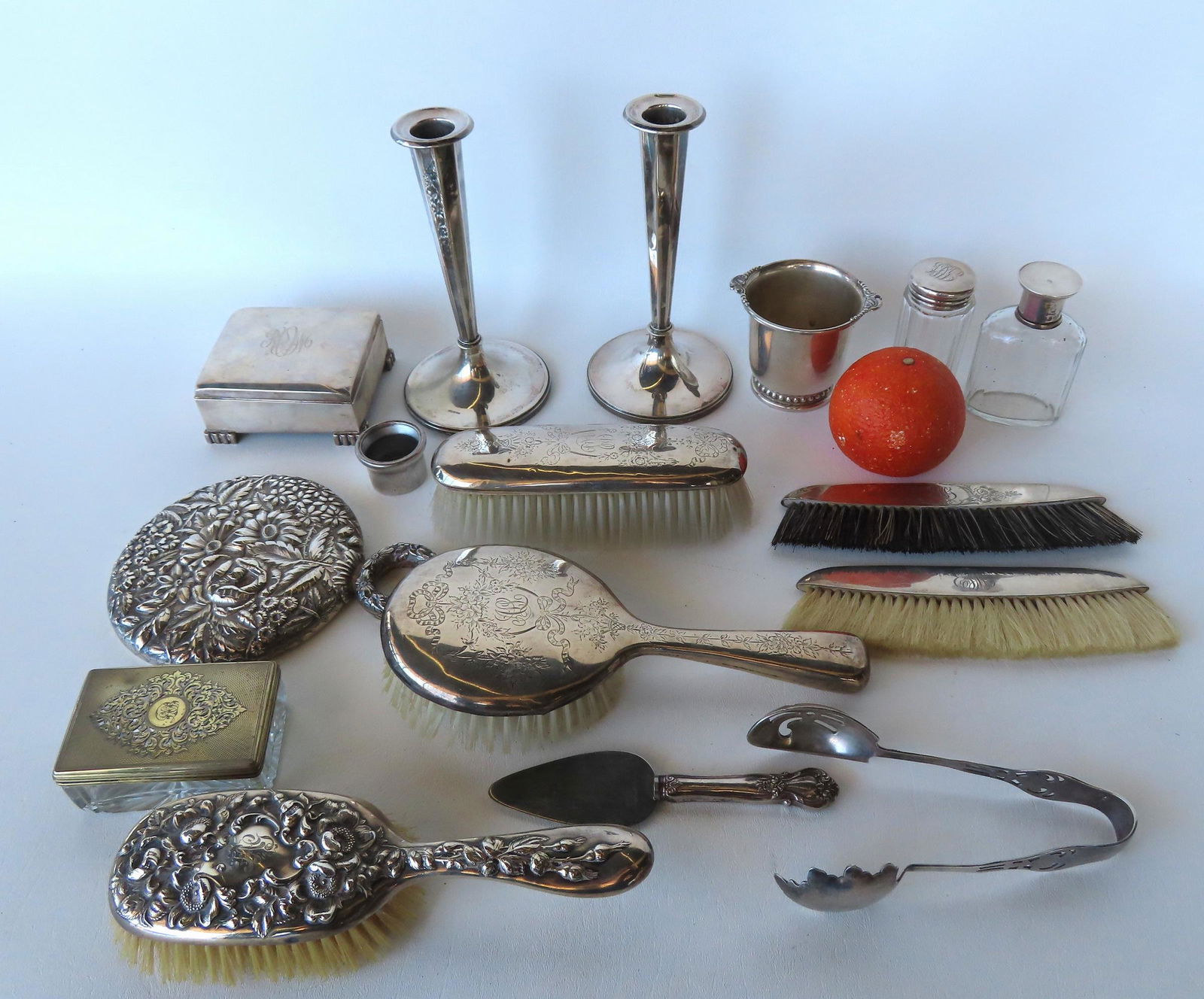 Grouping of 15 pieces of silver accessories including: A sterling footed Art Deco trinket box by (1 of 13)