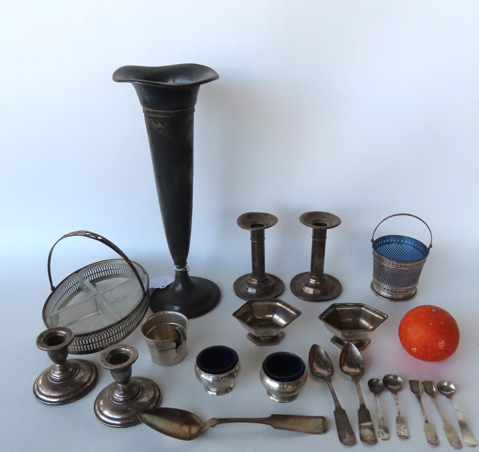 A grouping of mostly sterling objects including: Tall trumpet vase market sterling (weighted base) - (1 of 5)