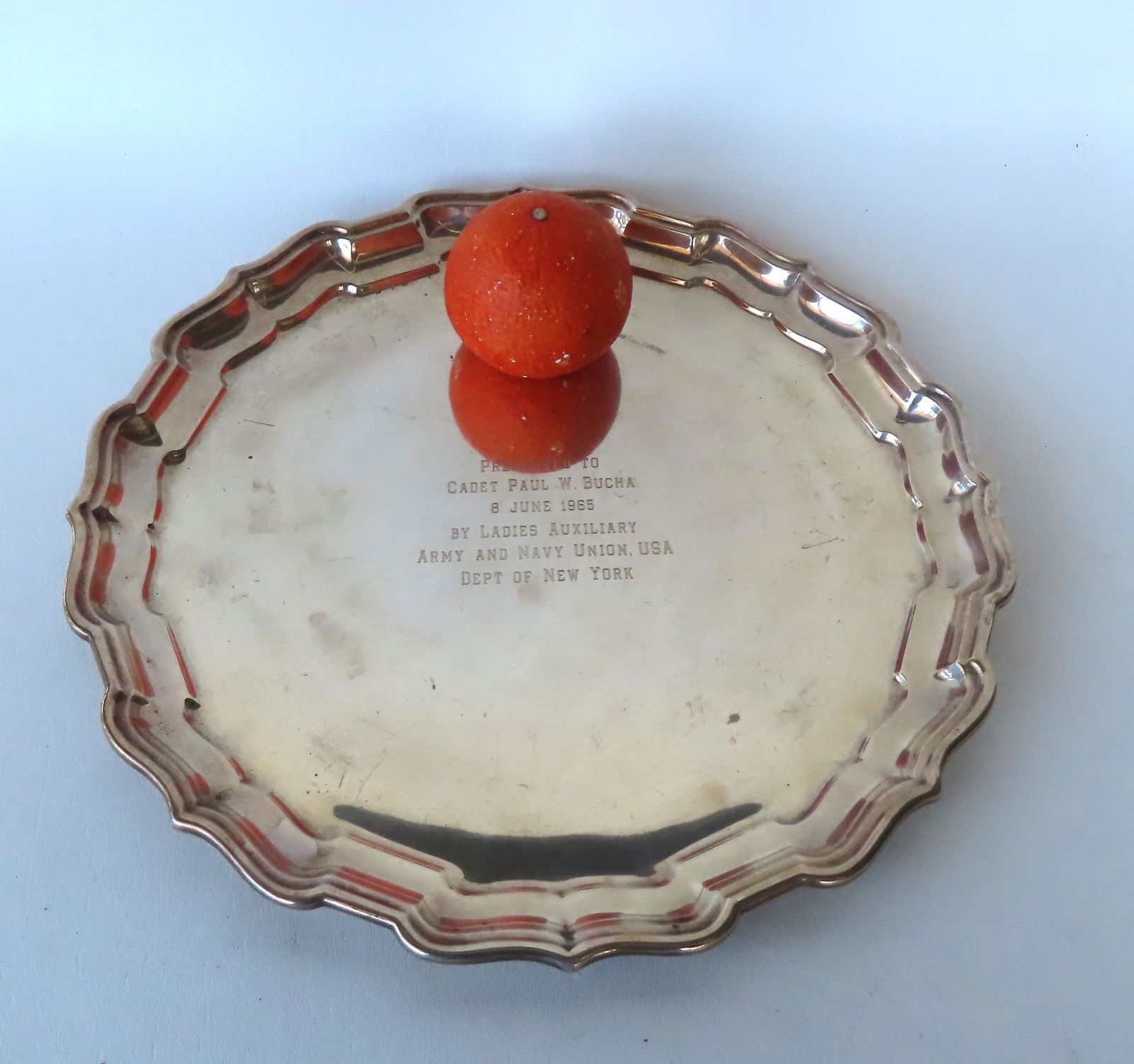 A sterling silver presentation tray engraved "Presented To Cadet Paul Bucha / 8 June 1965 / By (1 of 5)