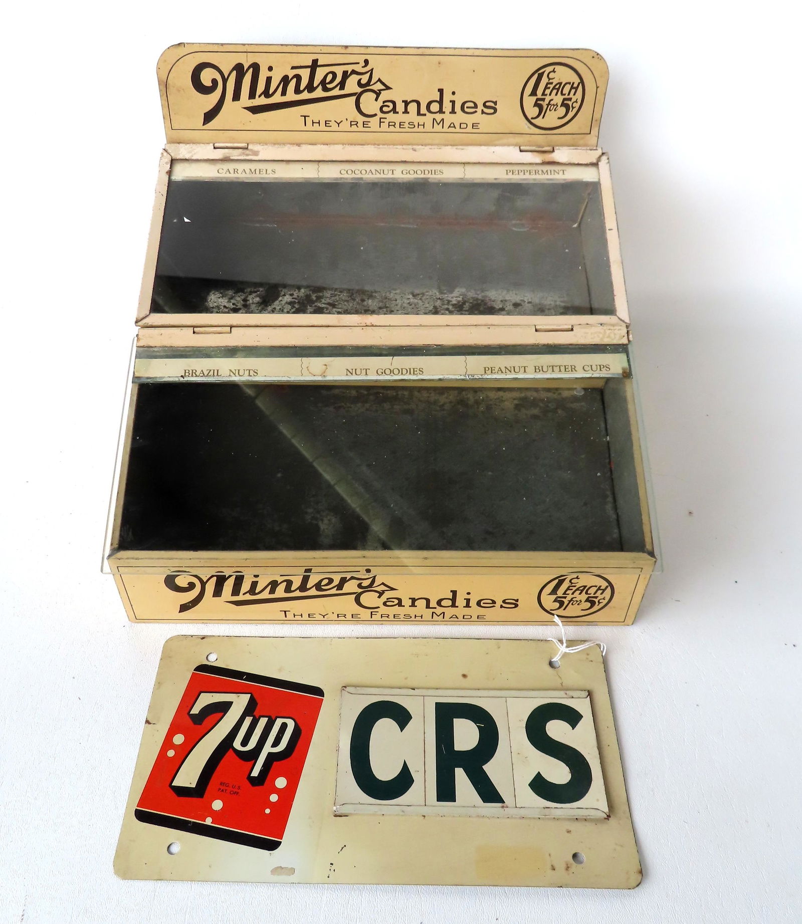 Two advertising pieces including: "Minter's Candies" metal display case marked "1c Each 5 for 5c" - (1 of 6)