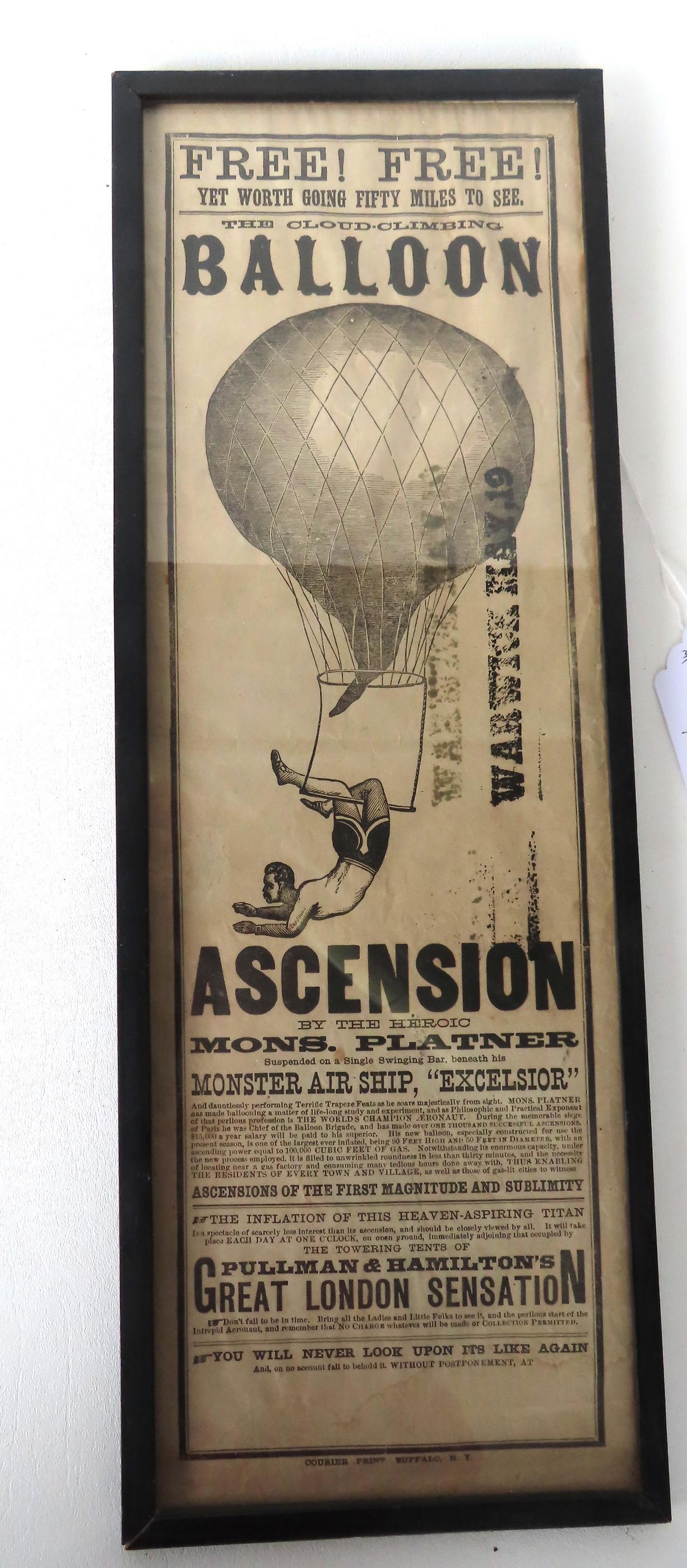 A broadside advertising for French trapeze artist, Mons. Platner, who performs feats on a swinging (1 of 3)