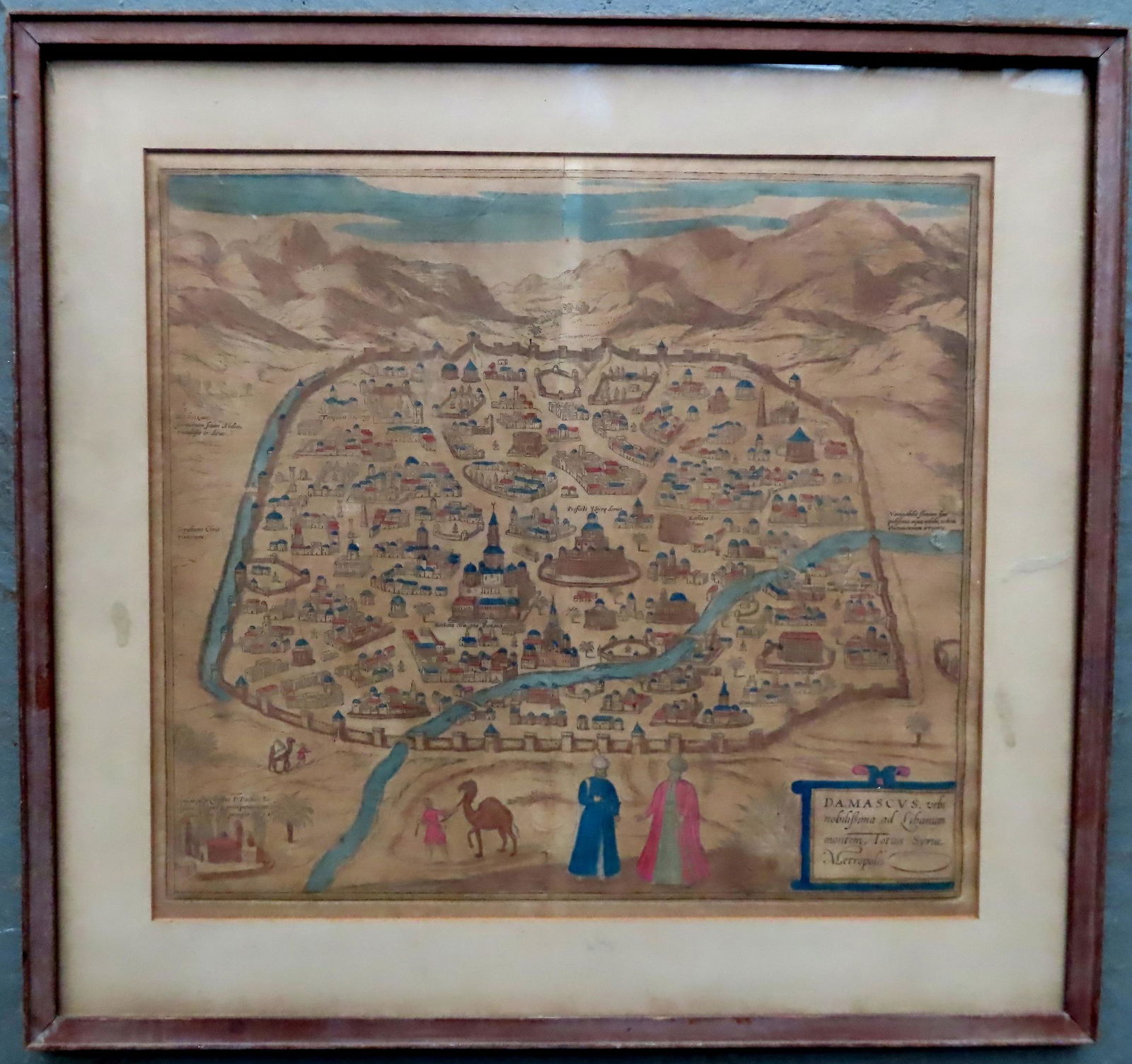 An early hand colored map titled "Damascus, urbs nobilissima ad Libanum montem Totius Syriae (1 of 6)