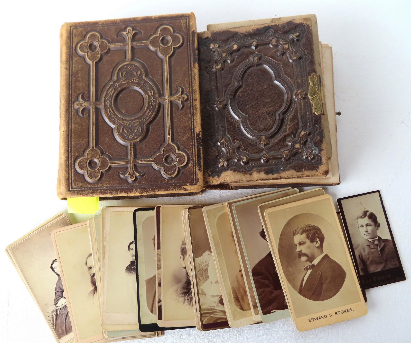 A grouping if CDVs and tintypes including: 1) Album, partially filled with 20 CDV images including (1 of 9)