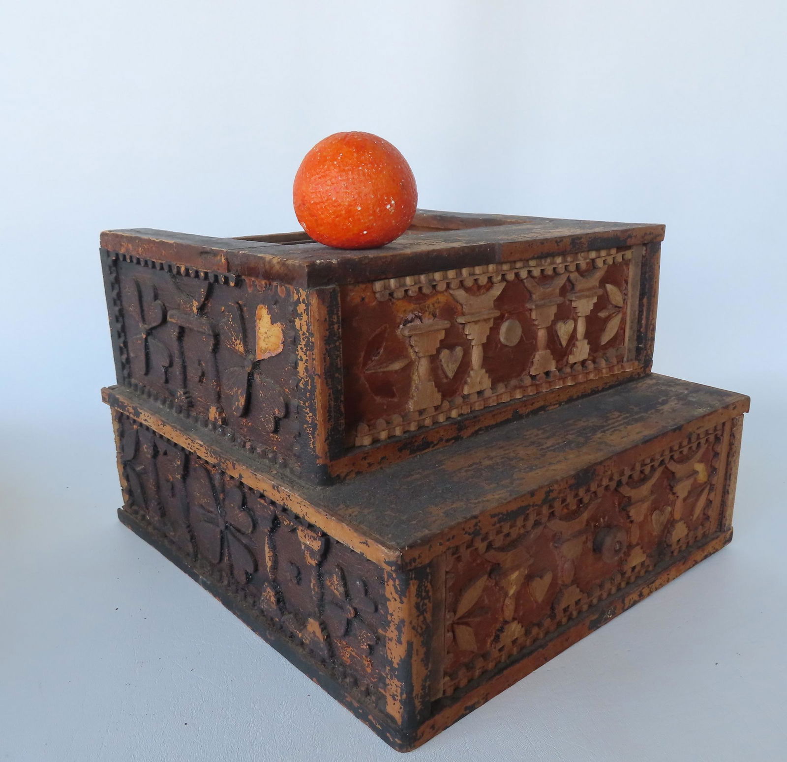 An unusual tramp art 2 drawer storage unit, missing top. (1 of 6)