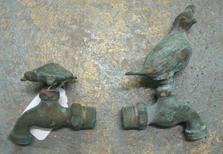 Two figural copper fountain spigots including turt: Two figural copper fountain spigots including turtle and partridge.