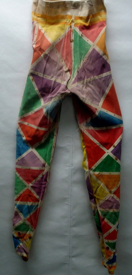 Two jester style stage costumes.: Two jester style stage costumes each consisting of leotard & matching leggings - decorated with sequins (some missing). From the estate of Kermit Love, costume designer and puppet maker (NY 1916-1928)